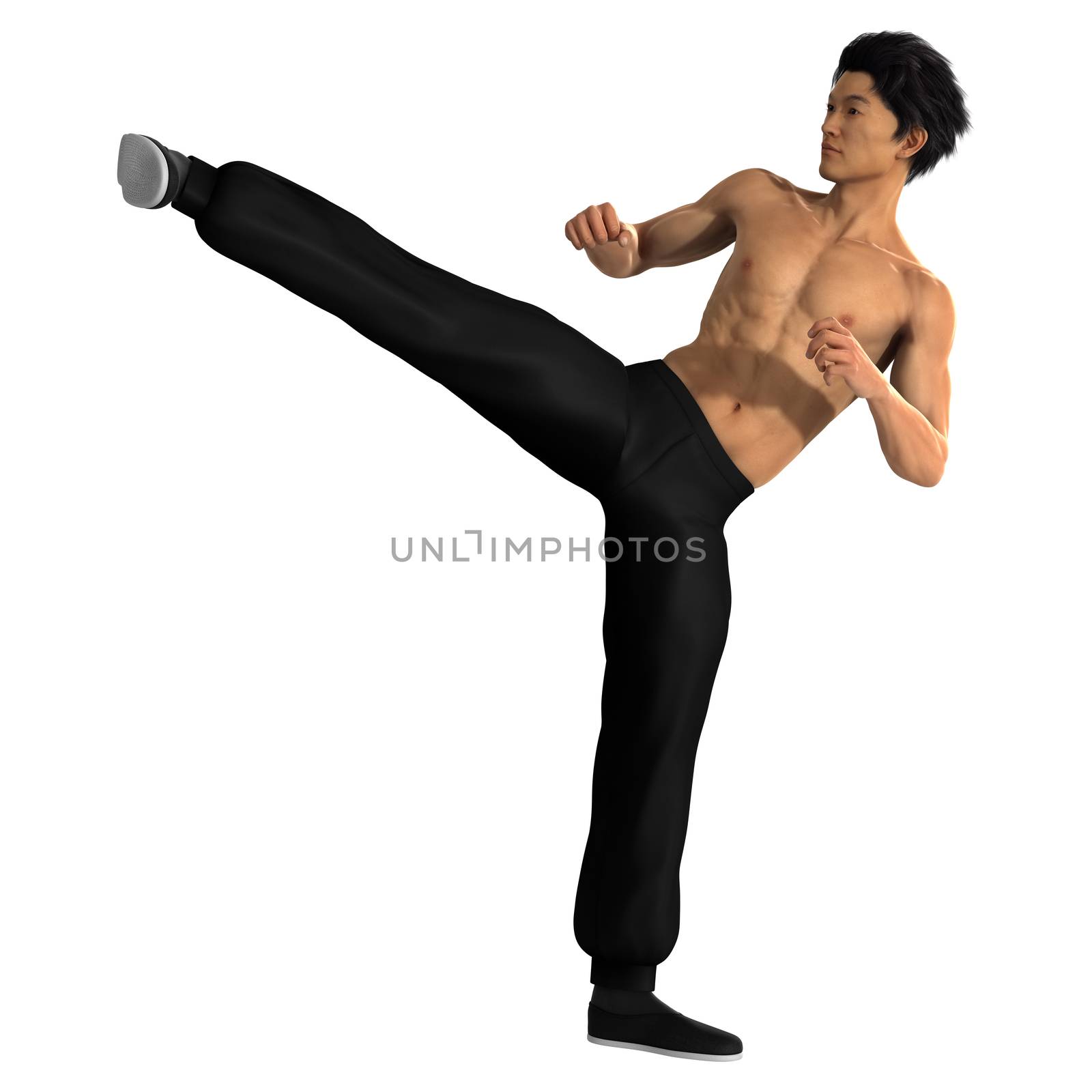 3D digital render of a young Asian man exercising martial arts isolated on white background