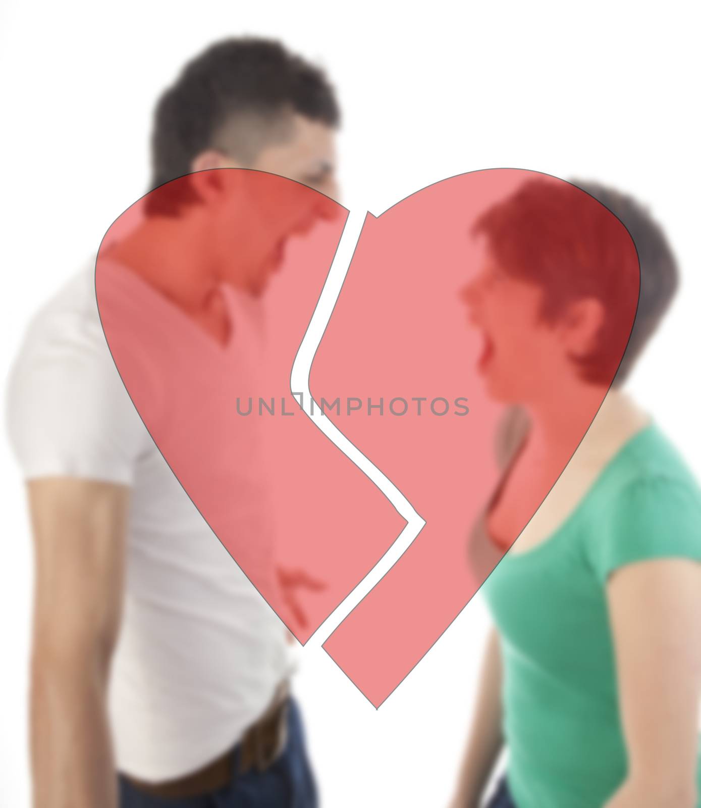 Young man and woman shouting at each other with broken heart isolated on white background