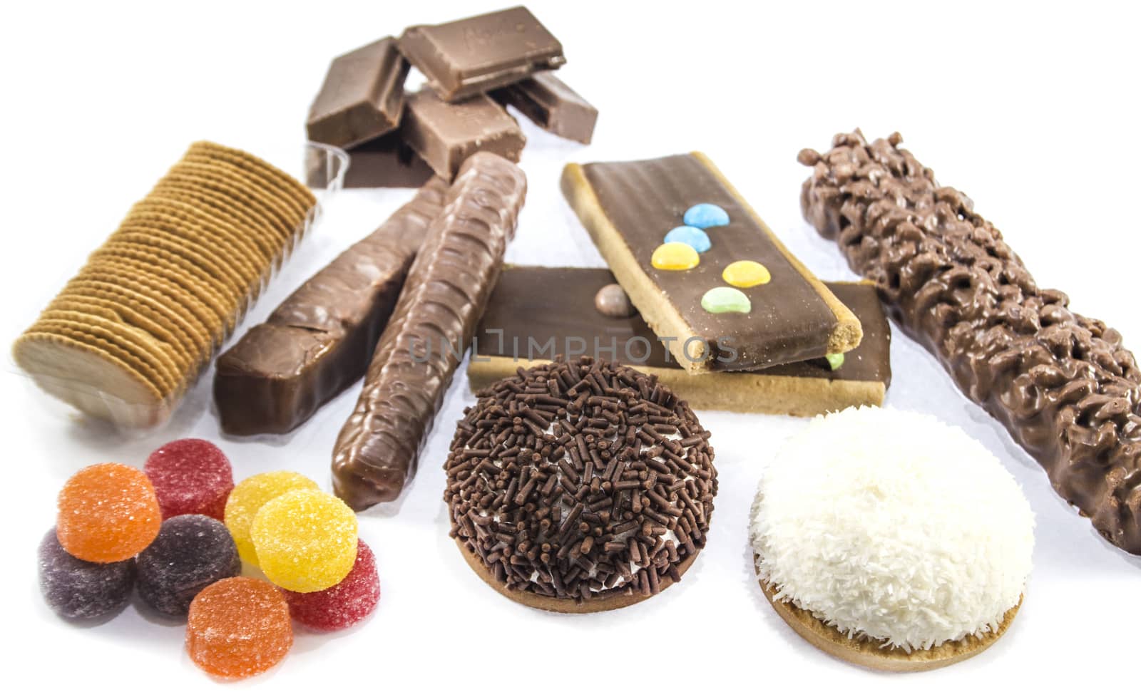 collection of delicious candies, biscuit and Cookies on a white background .