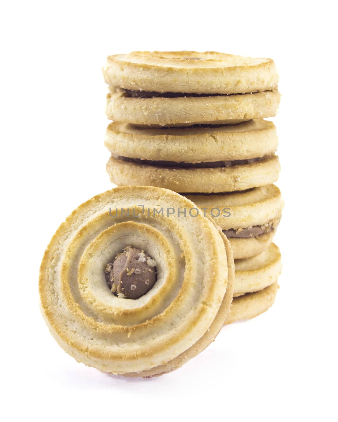 Sandwich biscuits, filled with chocolate, isolated on white background