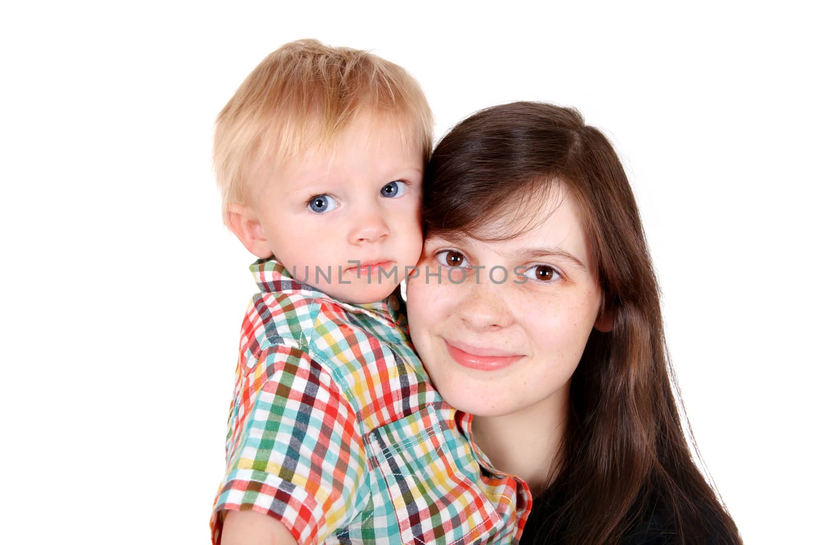 Young Mother and Child Portrait Isolated on the White Background