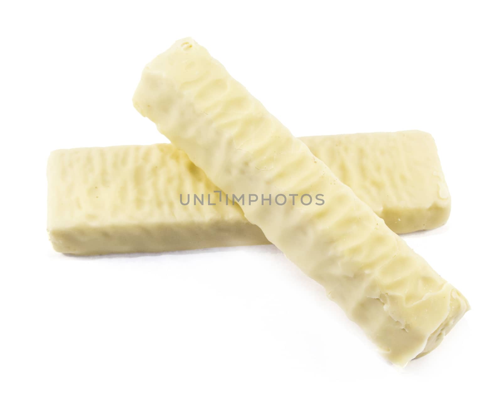 White chocolate bar with filling, on White background.