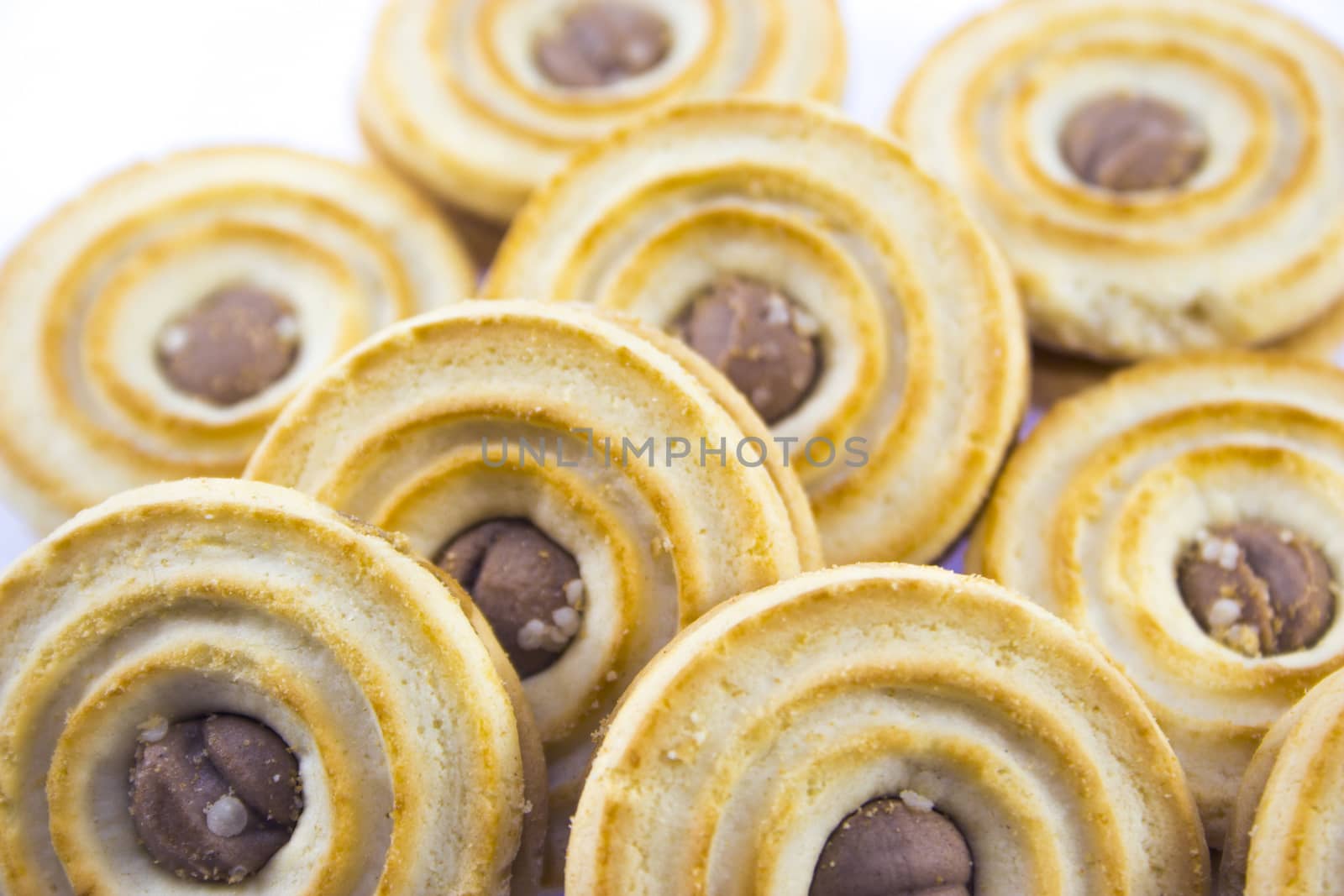 Sandwich biscuits, filled with chocolate, isolated on white background