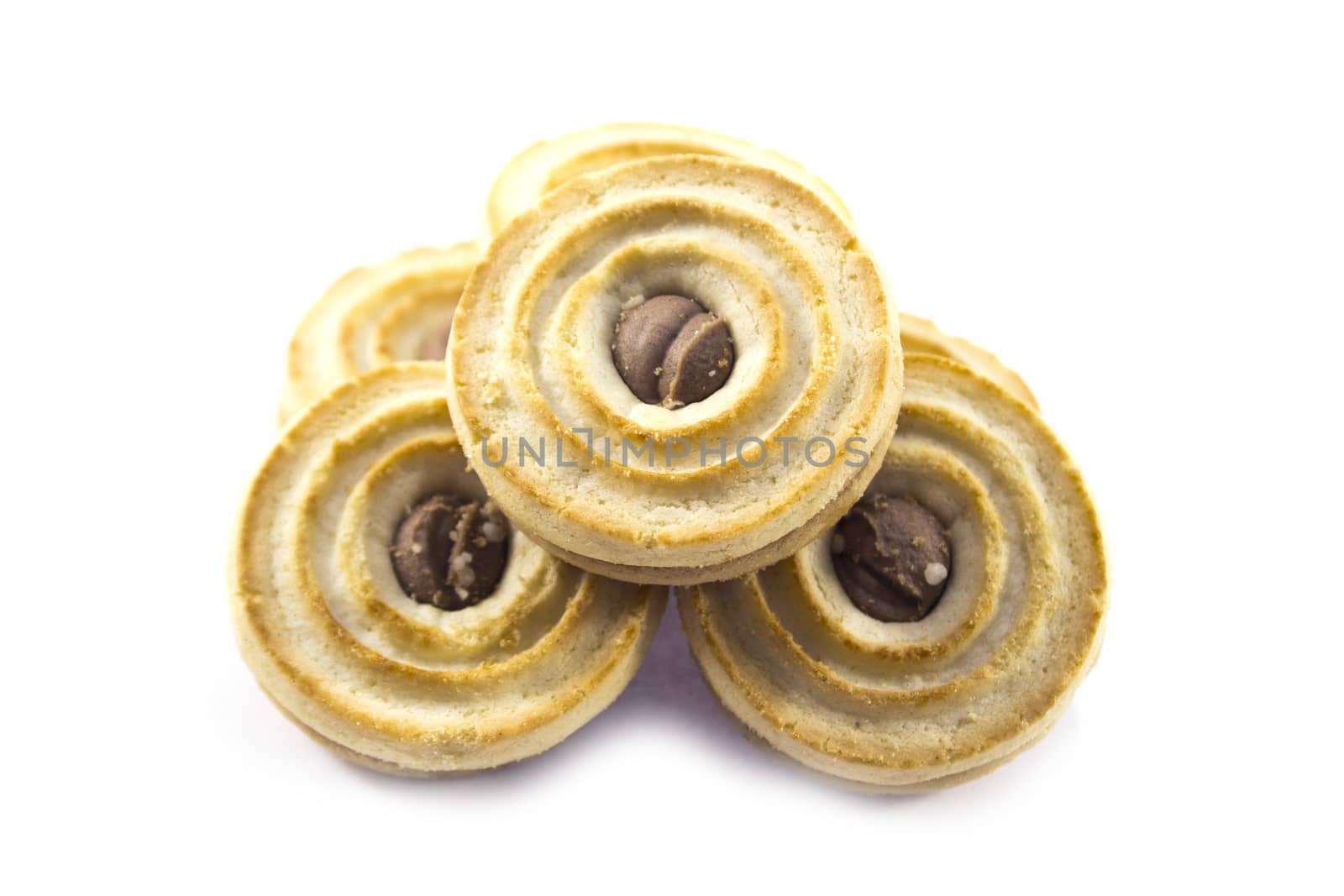 Sandwich biscuits, filled with chocolate, isolated on white background