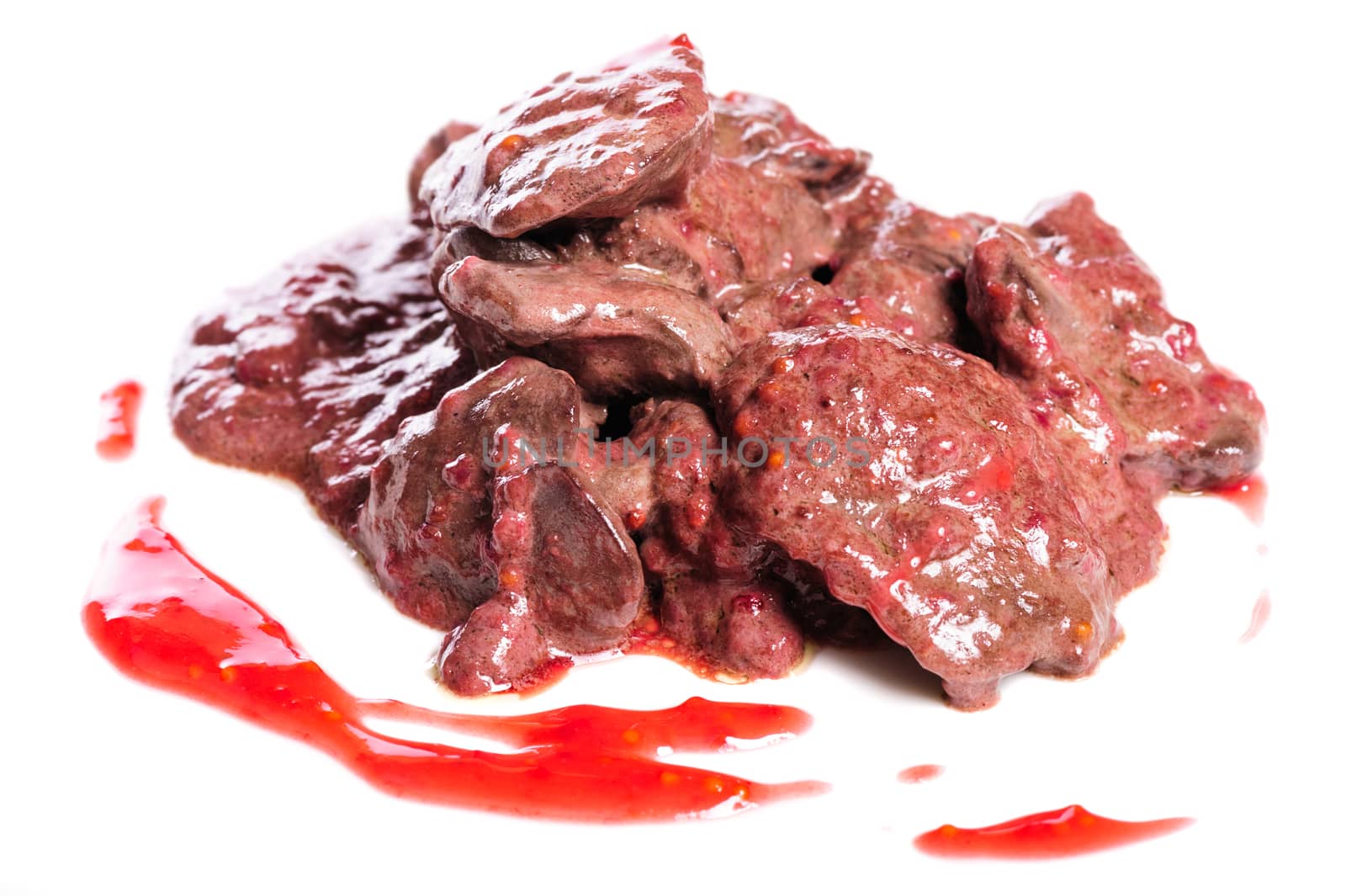 Prepared chicken liver in raspberry sauce, on white background