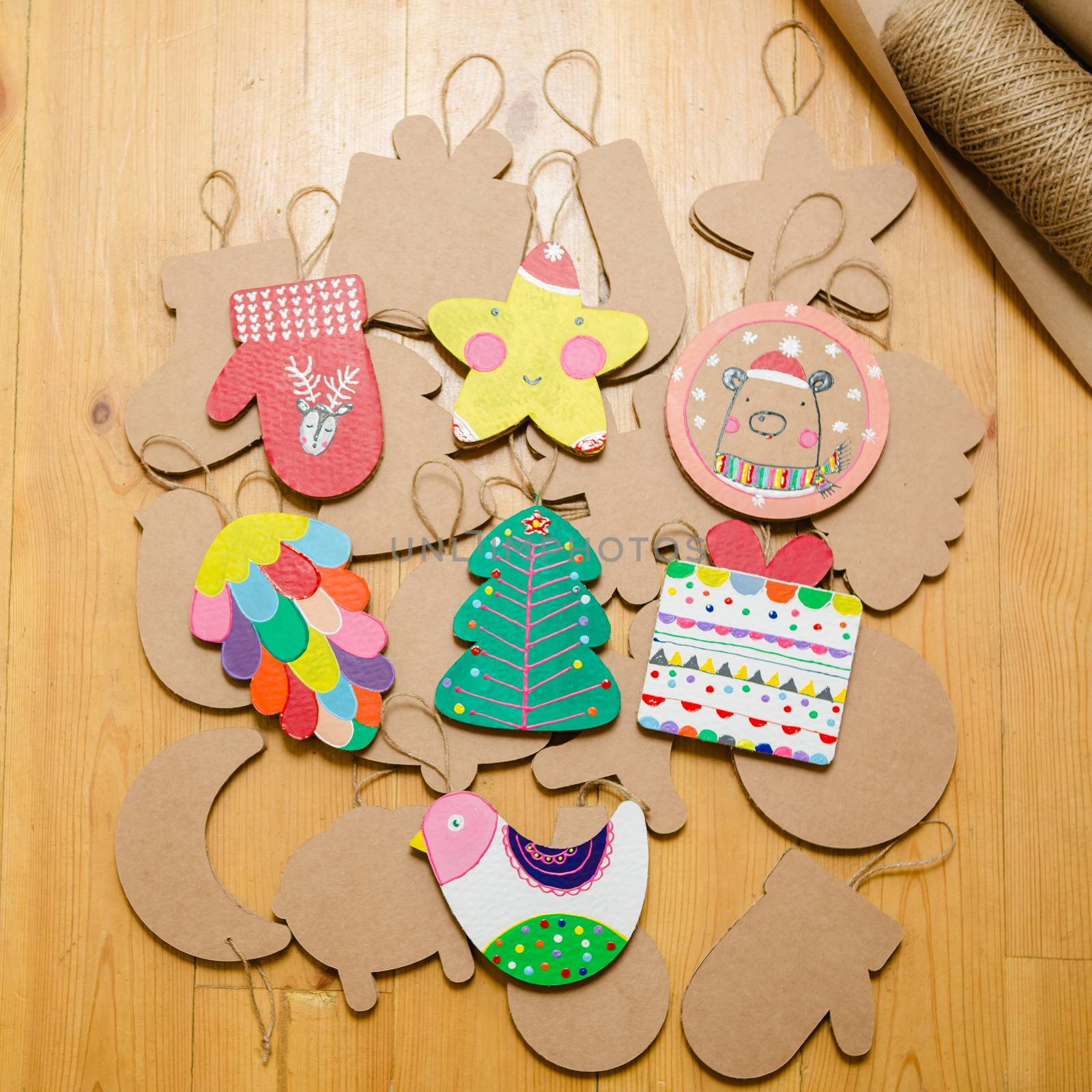 Cardboard toys for the Christmas tree or Christmas garland. Christmas decorations. Selective Focus