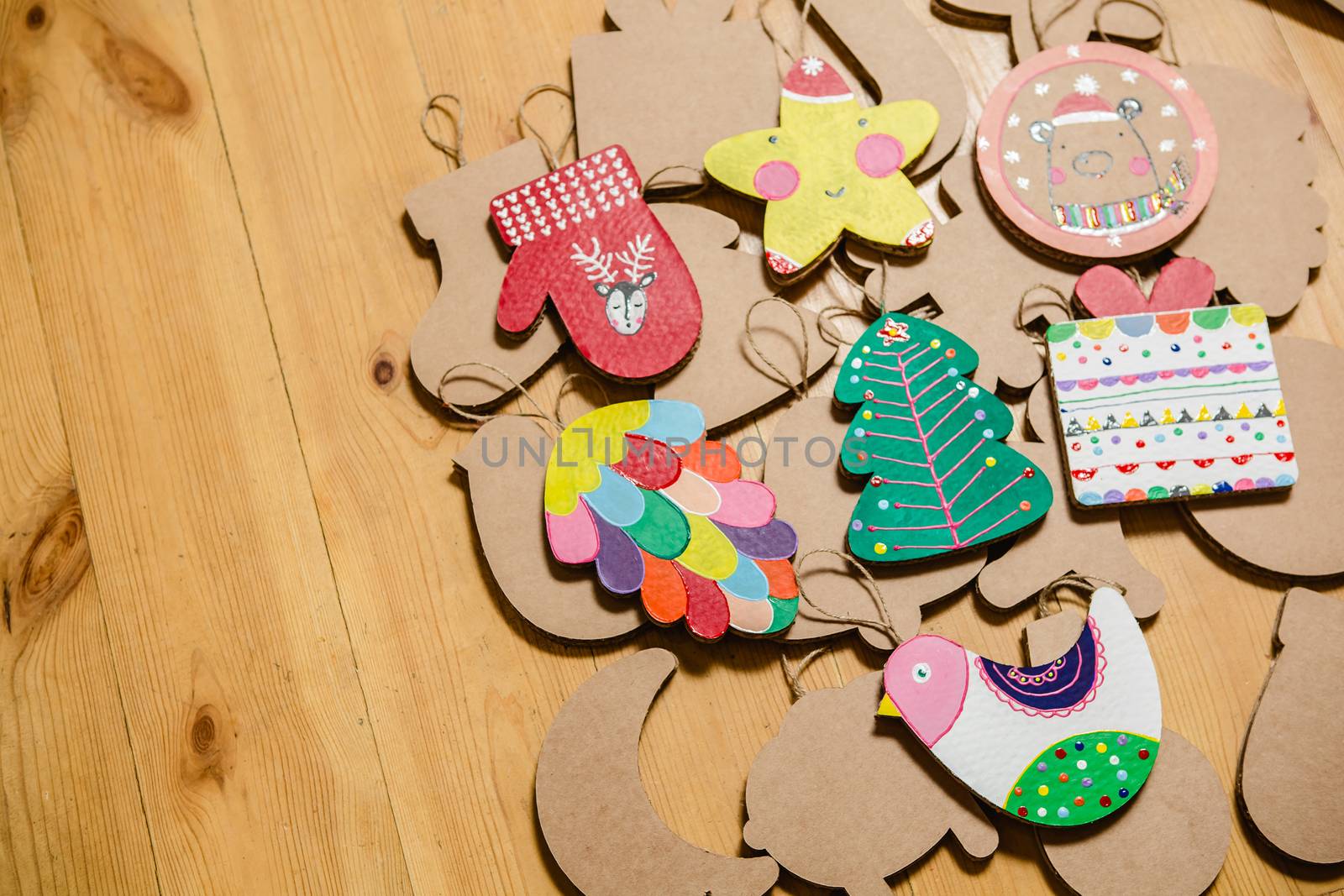 Cardboard toys for the Christmas tree or Christmas garland. Christmas decorations. Selective Focus