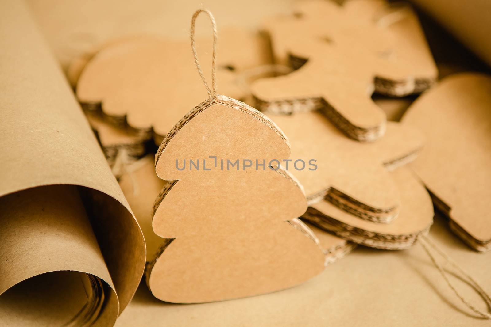 Cardboard toys for the Christmas tree or Christmas garland. Christmas decorations. Selective Focus