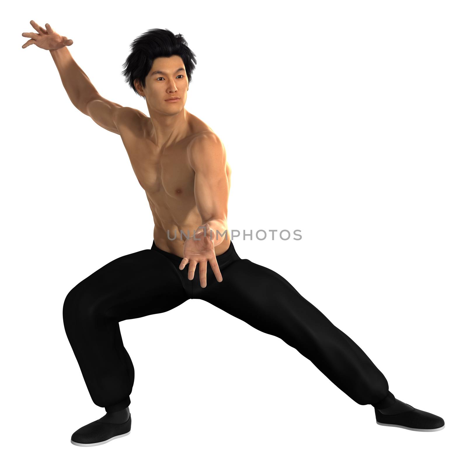 3D digital render of a young Asian man exercising martial arts isolated on white background