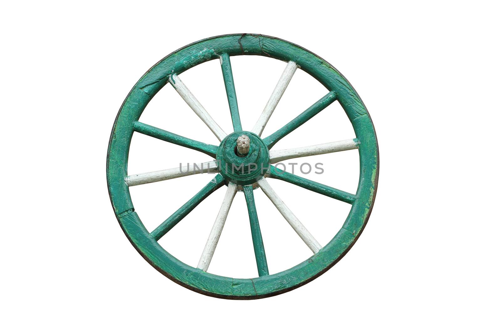 traditional old cart wooden wheel. green painted, isolation over white