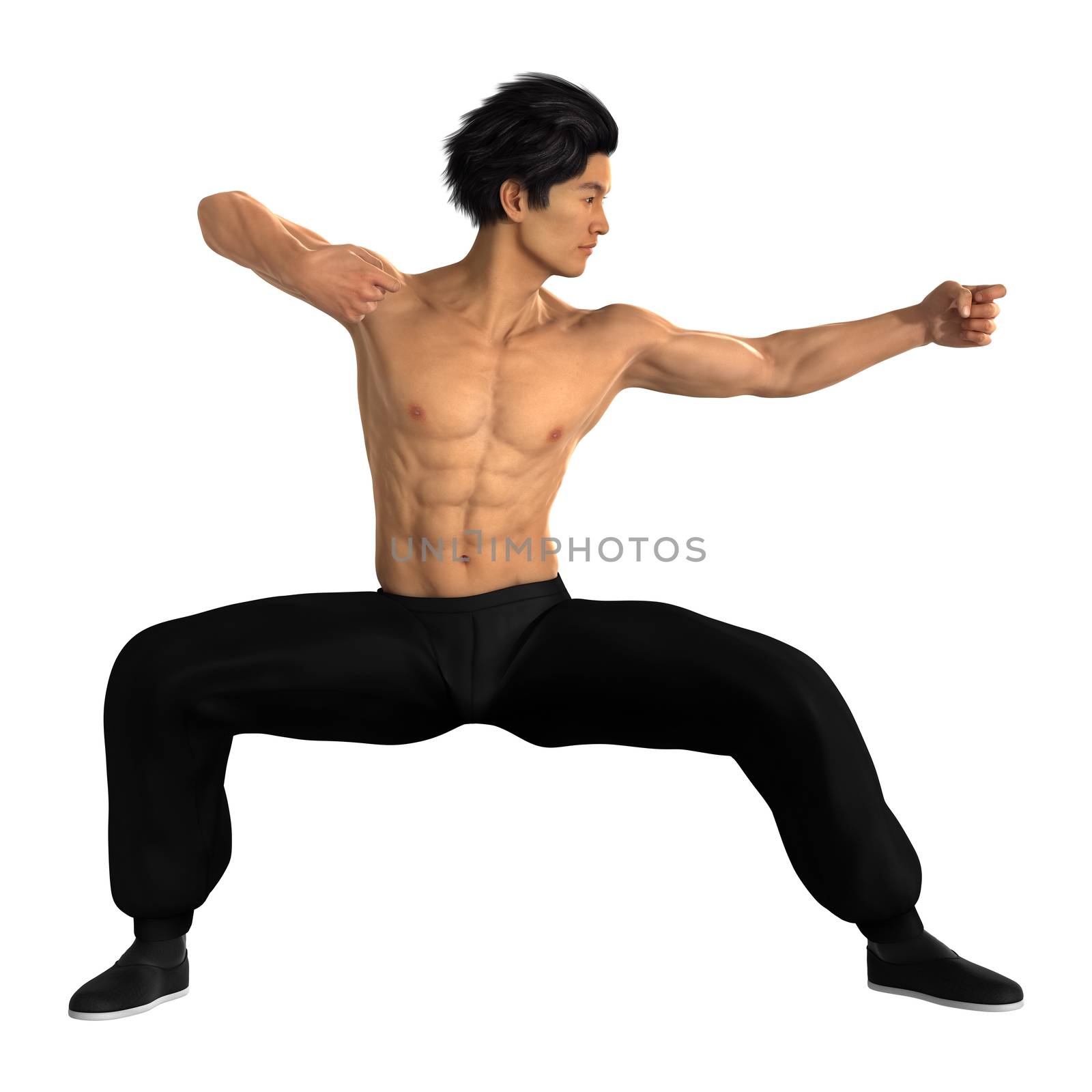 3D digital render of a young Asian man exercising martial arts isolated on white background