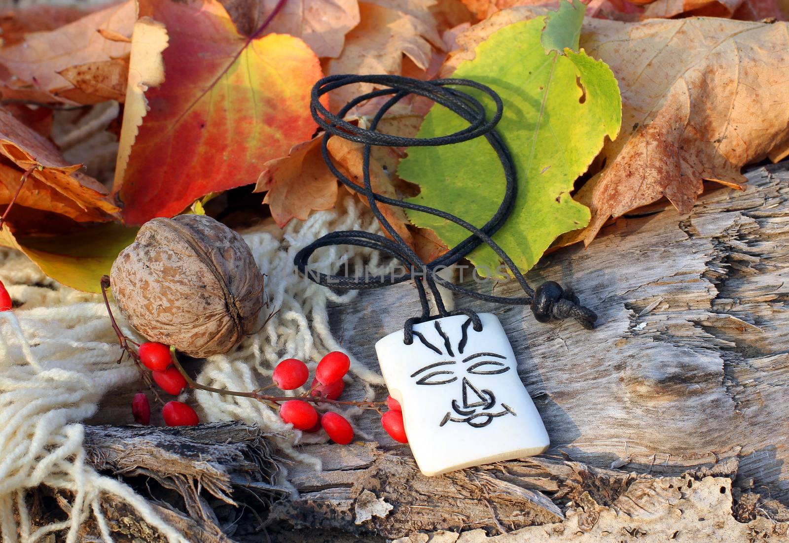 Ethnic handmade bone magic african amulet on autumn-style background