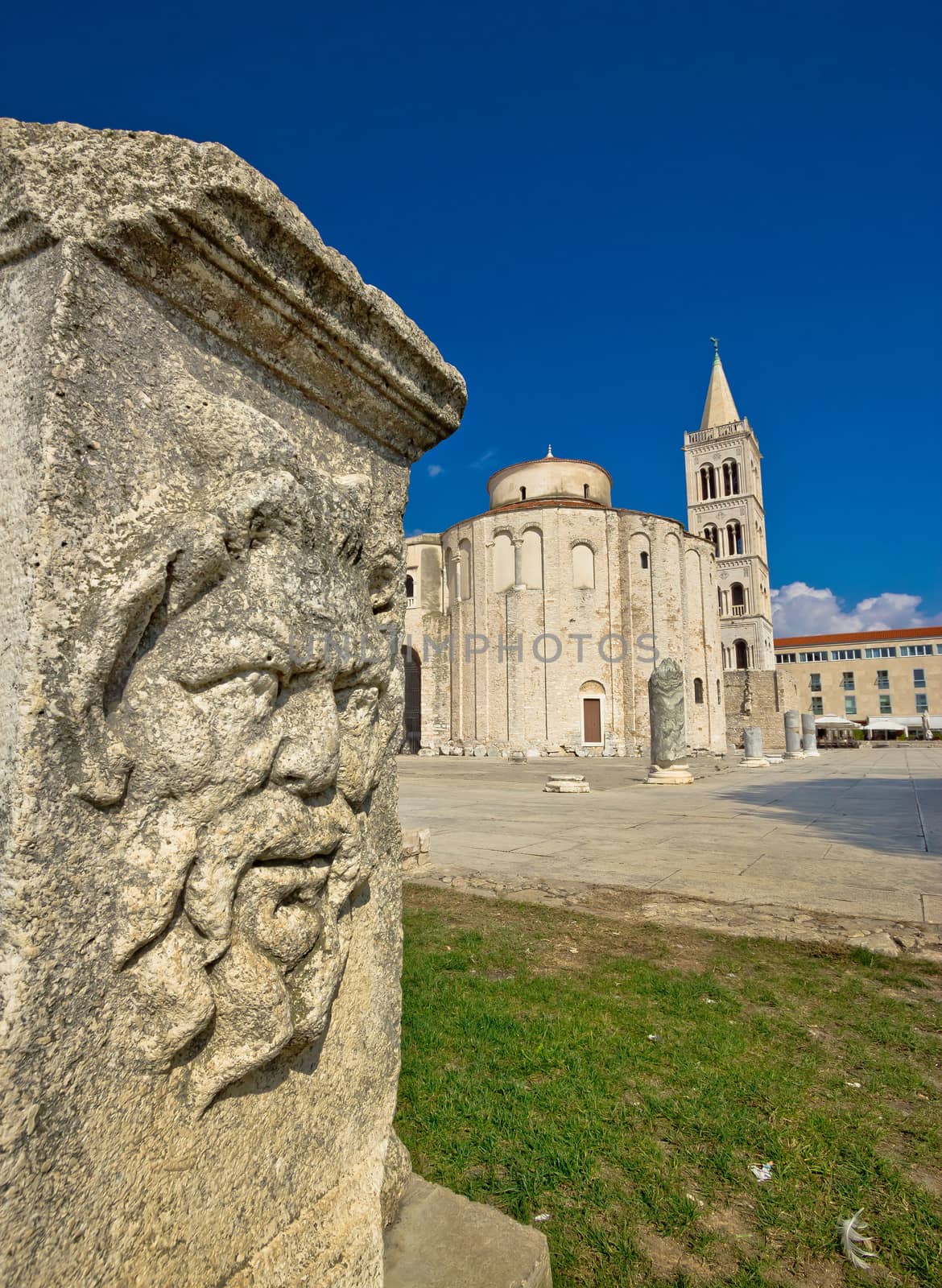 Zadar old roman square artefacts and cathedral vertical view, Dalmatia, Croatia