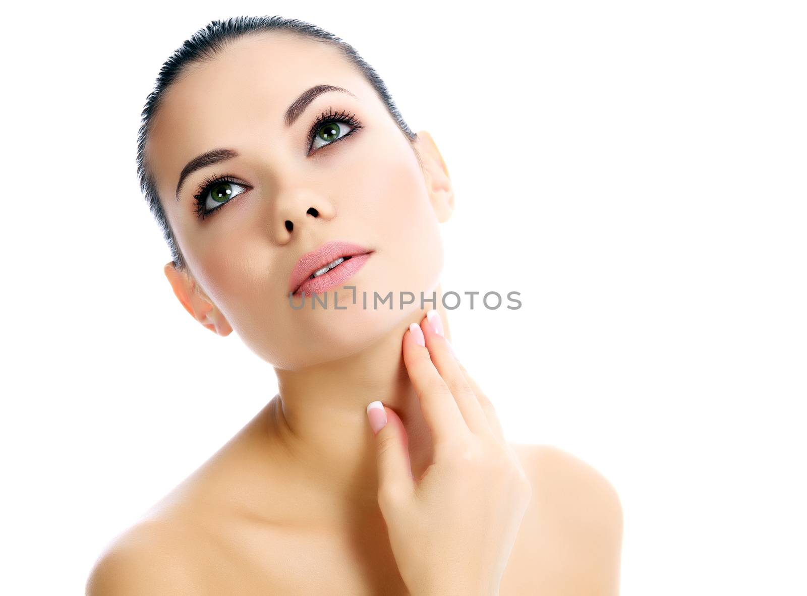 Beautiful female with clean fresh skin, white background