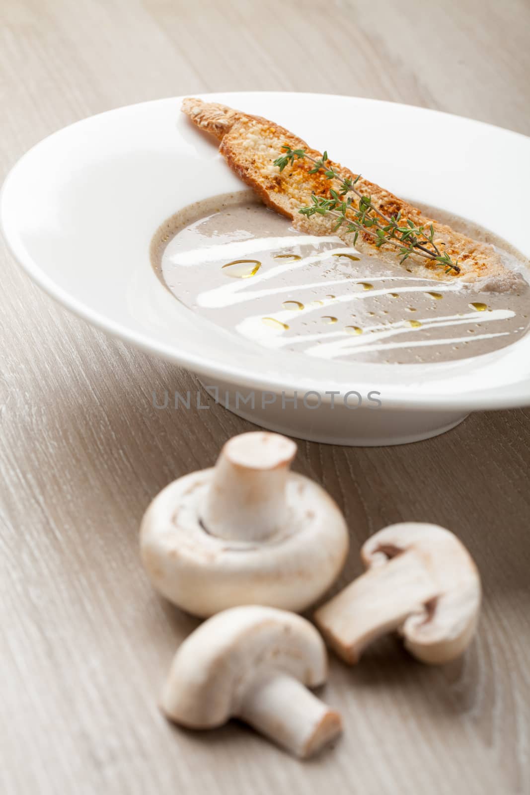 Vegetarian mushroom cream soup puree in white plate  with baked bread cheese slice