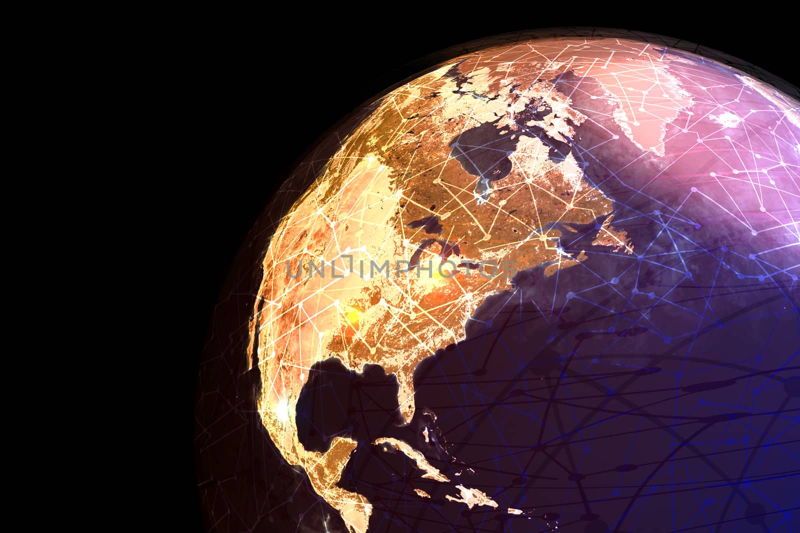 A globe showing global electronic communications and nodes. 
