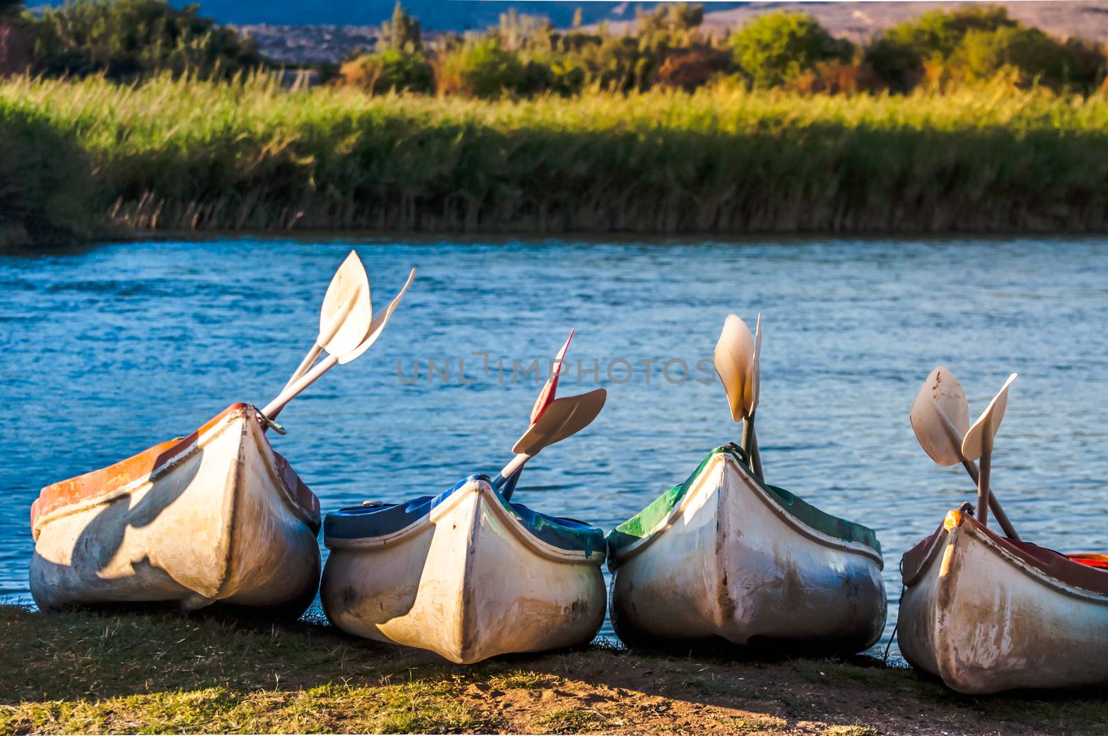 Kayaks lying on the bank of the river in the early morning light, ready for an adventures trip down the river.