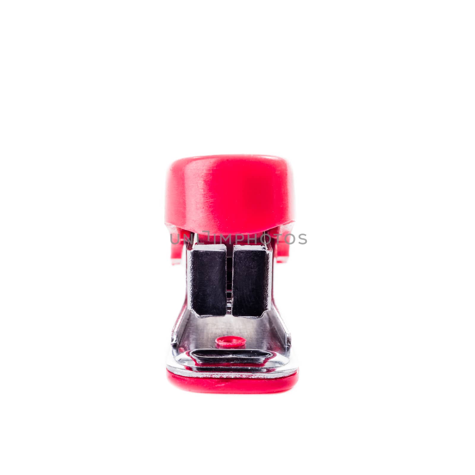 A miniture red stapler viewed from the front on a white background.