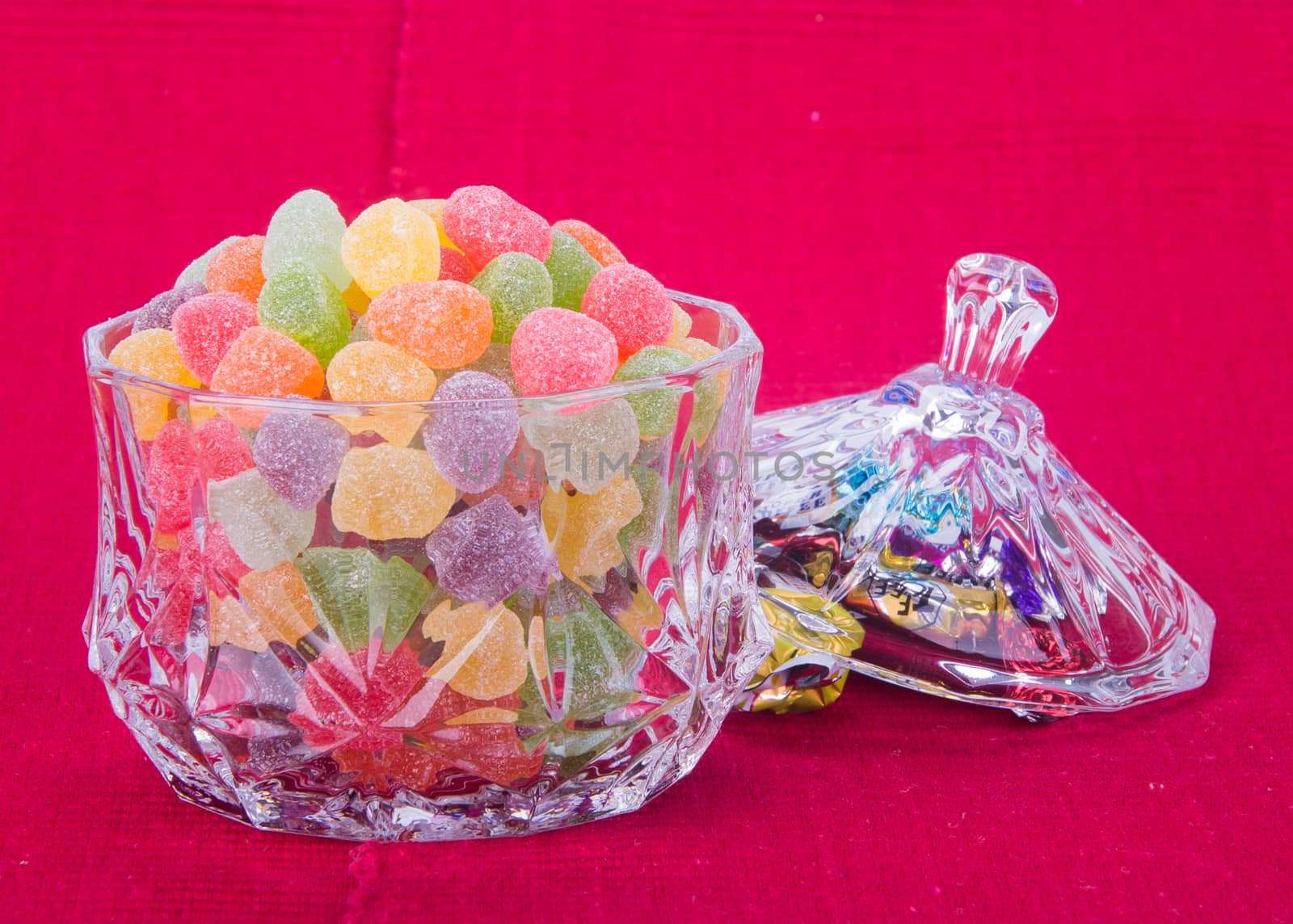 candies. jelly candies in glass bowl on a background.