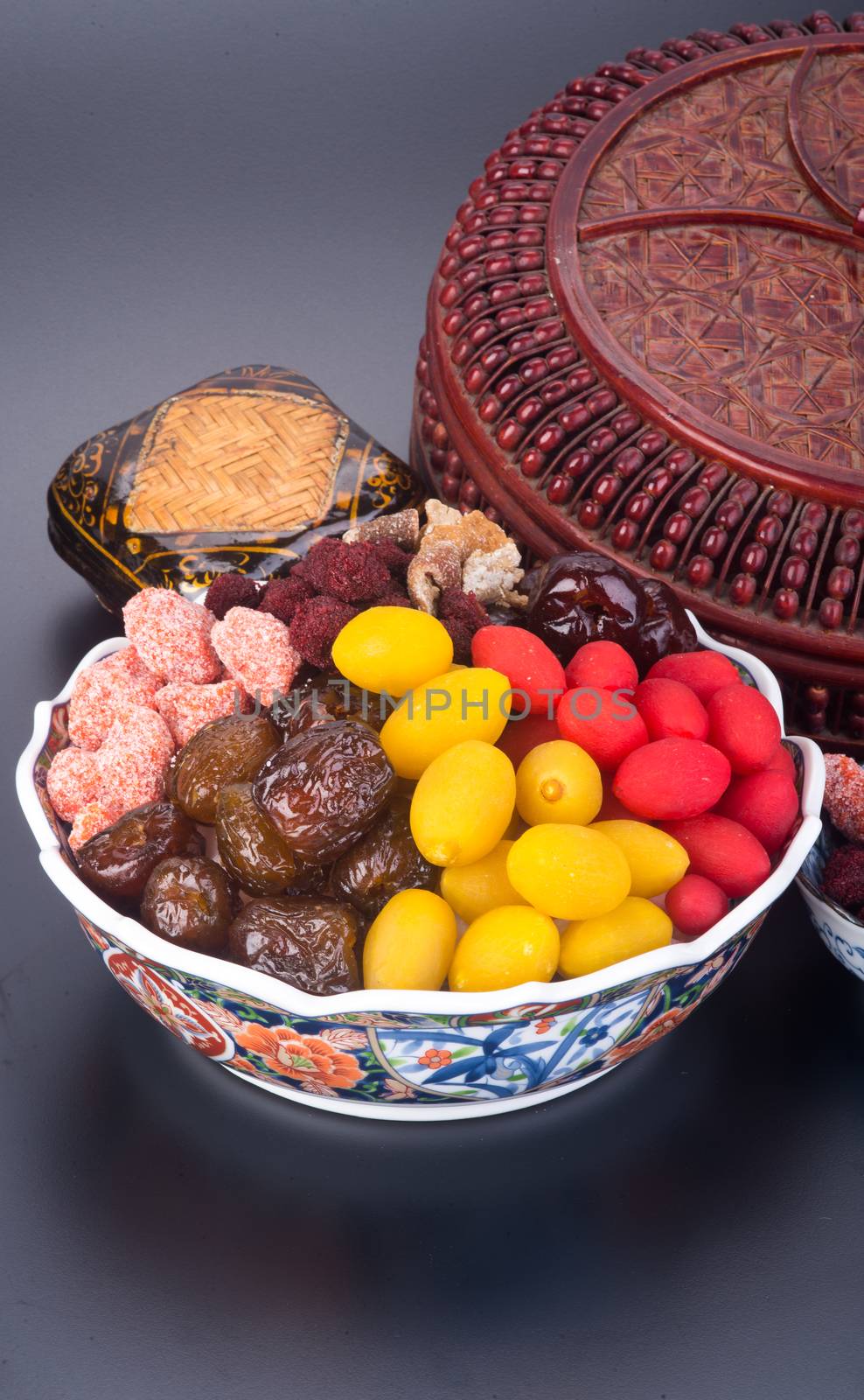 preserved fruits. chinese preserved fruits on background