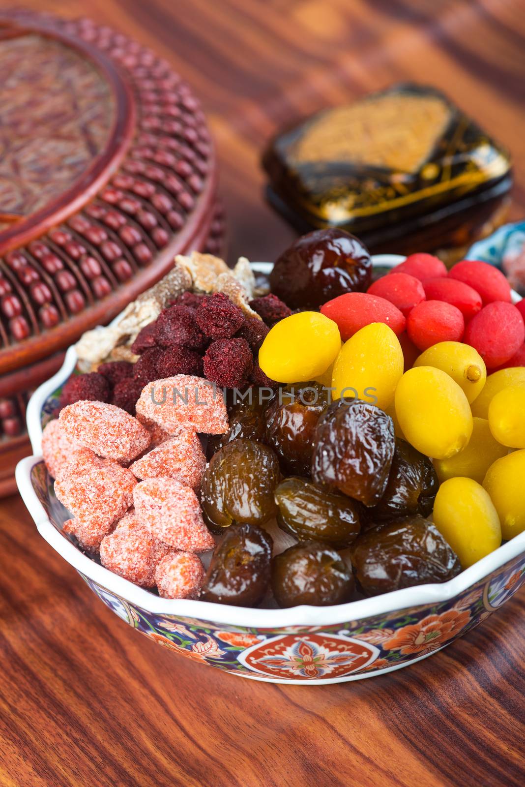 preserved fruits. chinese preserved fruits on background