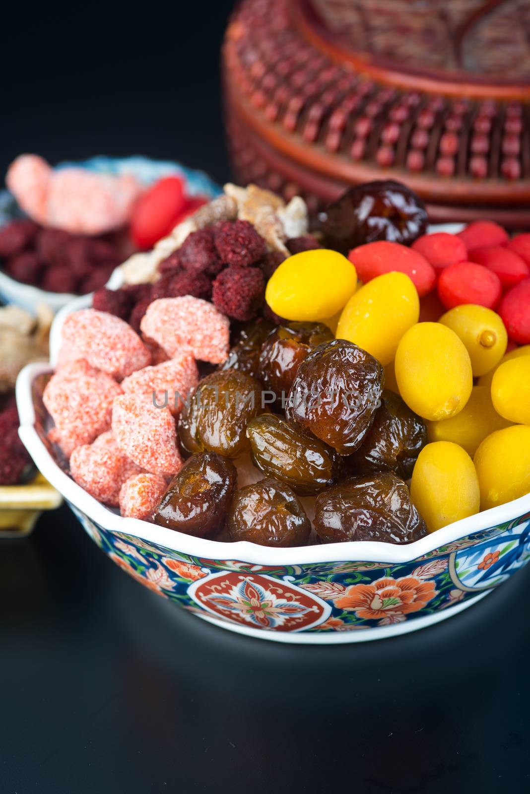 preserved fruits. chinese preserved fruits on the background by heinteh