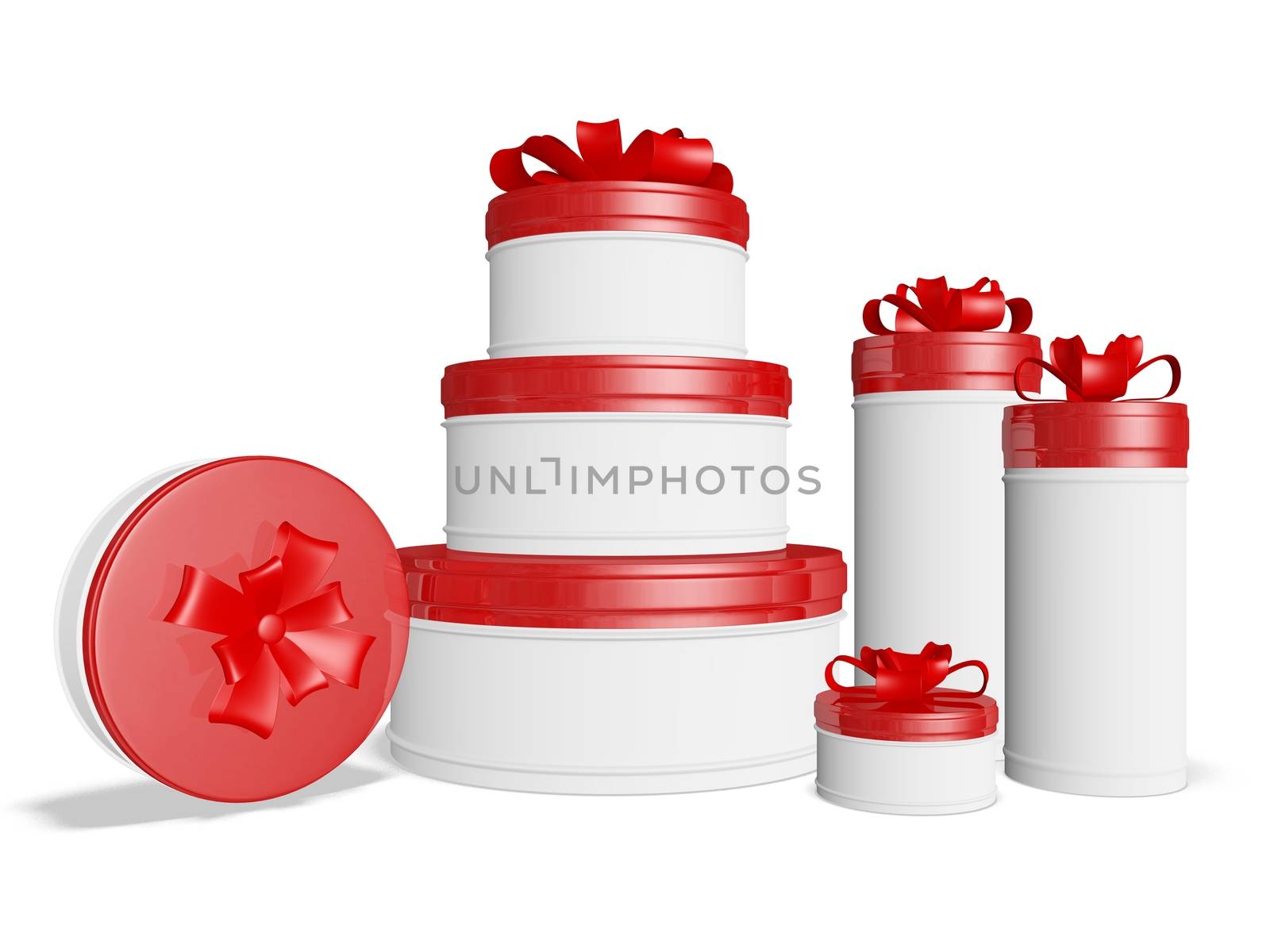 The 3D illustration has lots of round gift boxes with red lids and festive bow ribbons. It is ideal for use in festival, celebration, occasion, gifting and discount sales concepts. 
