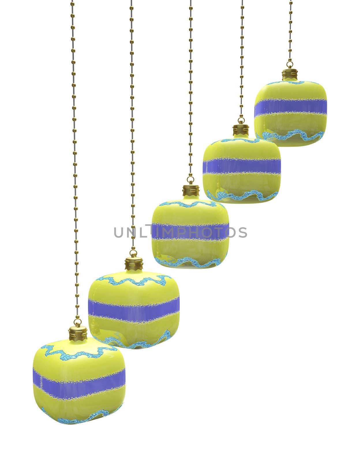 This 3D illustration shows a row of cube shaped Christmas decoration baubles hanging from metal chains. The image will find use in decoration, festivals, celebration, Christmas and new year related concepts.
