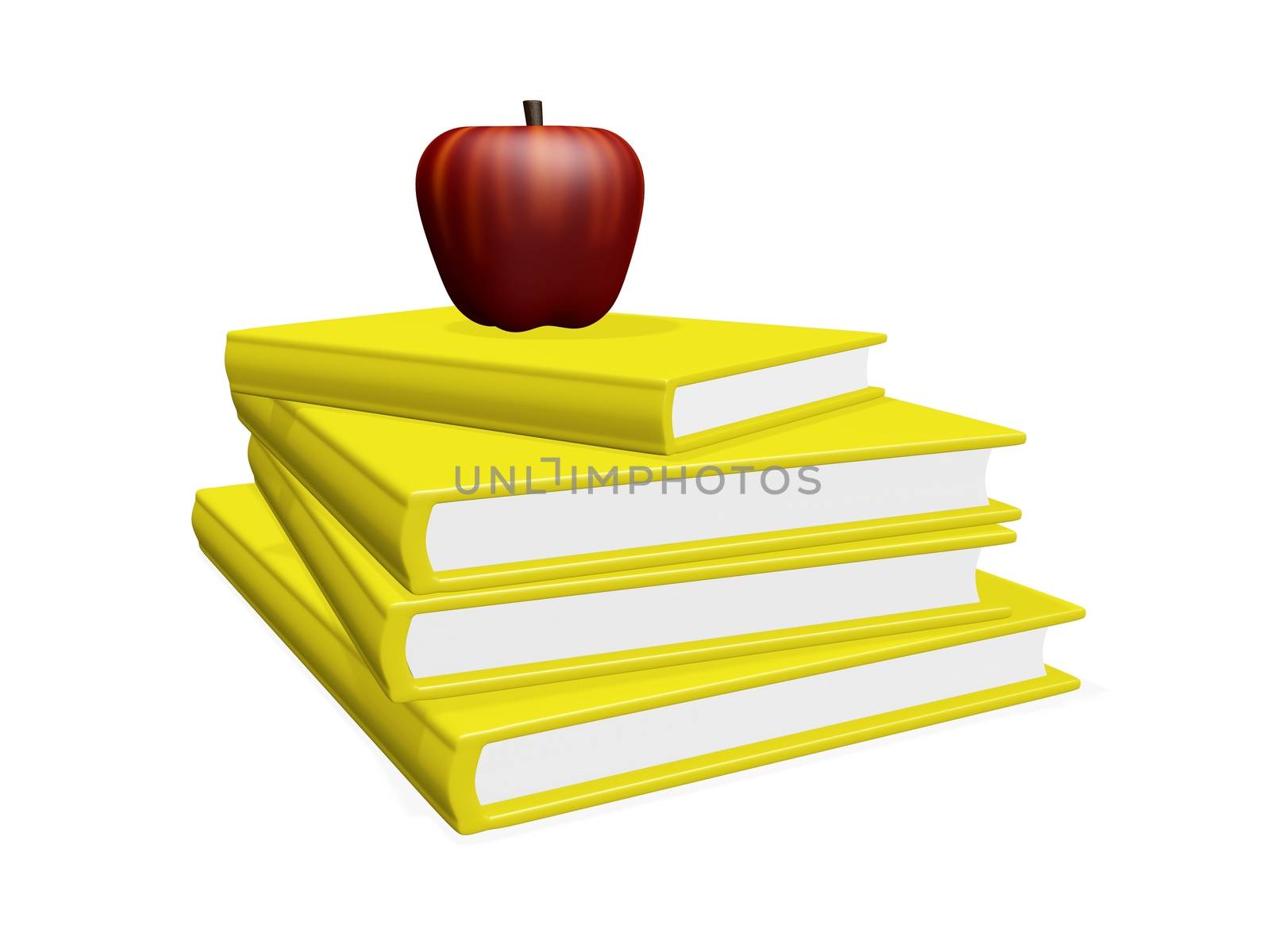 This 3D illustration shows a red apple lying on top of a stack or pile of yellow hard bound books. The image is best suited for education, learning and wisdom related concepts. 
