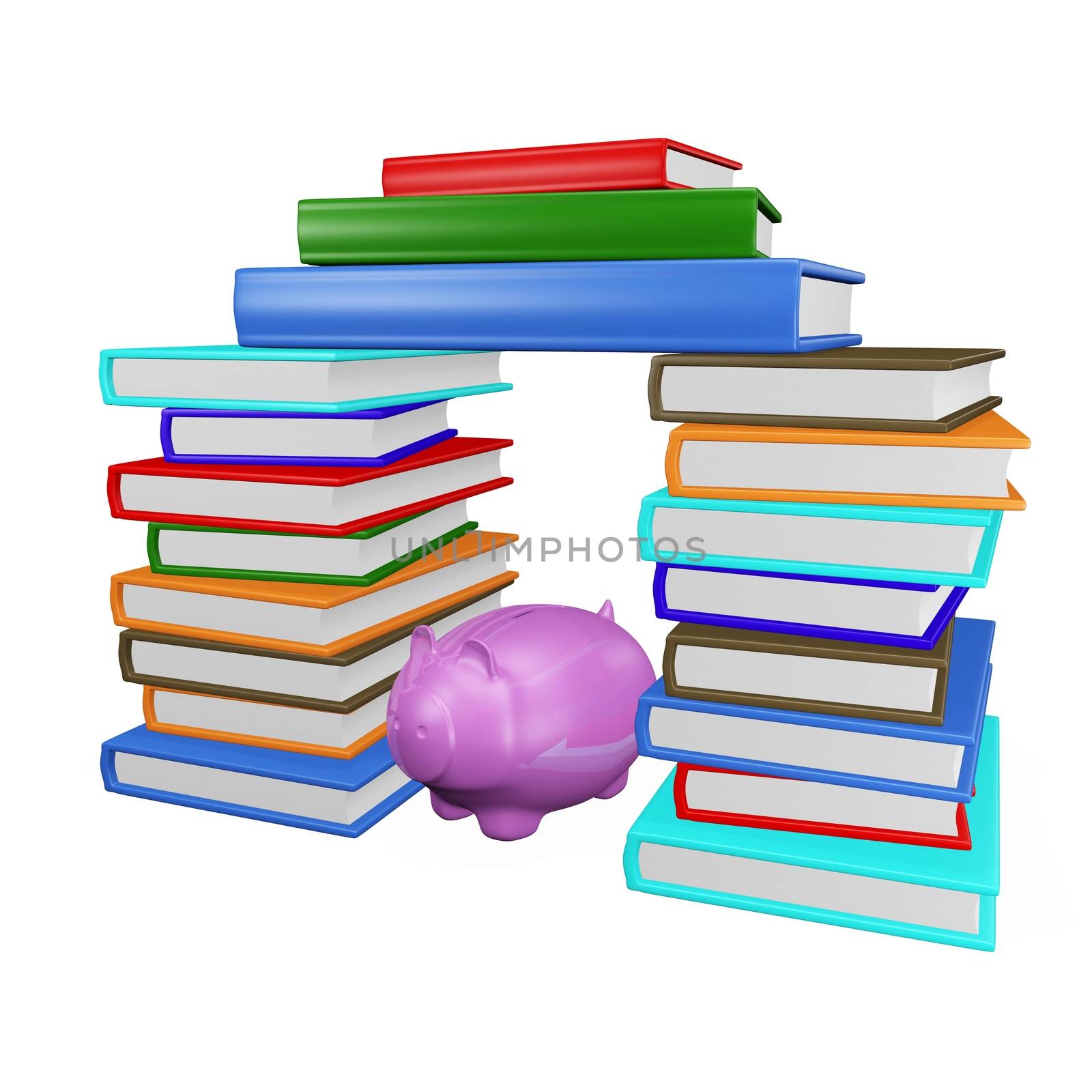 This 3D illustration show a savings piggy bank encased in a house like structure made from pile or stacks of hard bound books. It is ideal for use in education and financial concepts like saving money for higher education. 
