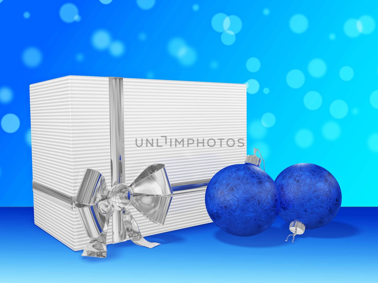 This is a 3D illustration of a striped Christmas gift with a silver ribbon and bow, and blue bauble balls against a bokeh background. It is ideal for festival, celebration, holiday, gifting, Christmas and new year concepts.
