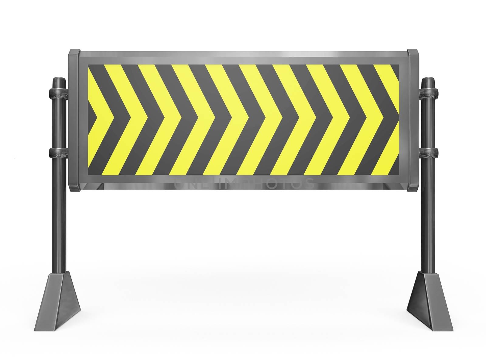 This 3D illustration is of a metallic road block barricade. This is ideal for under construction, work in progress and danger warning concepts. 
