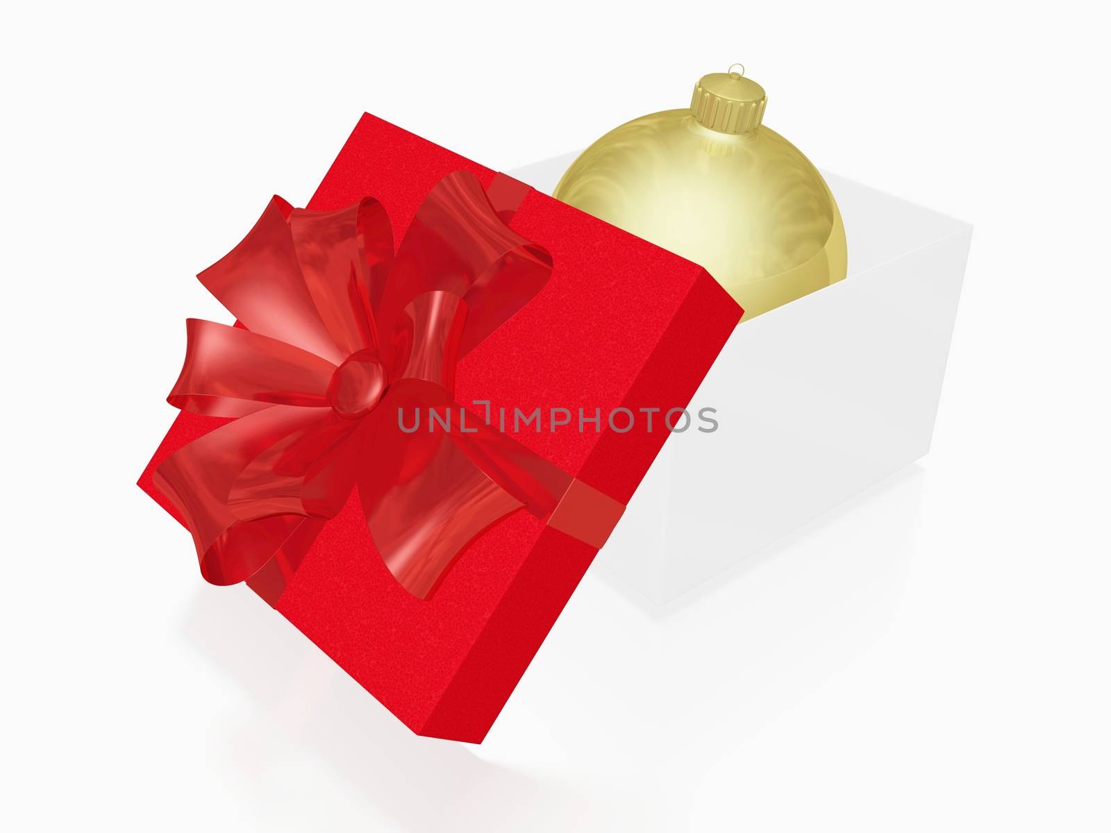 This 3D illustration has a golden Christmas ball bauble inside an open  gift box with a red lid and ribbon bow. Ideal for use in Christmas, new year and gifting concepts. 
