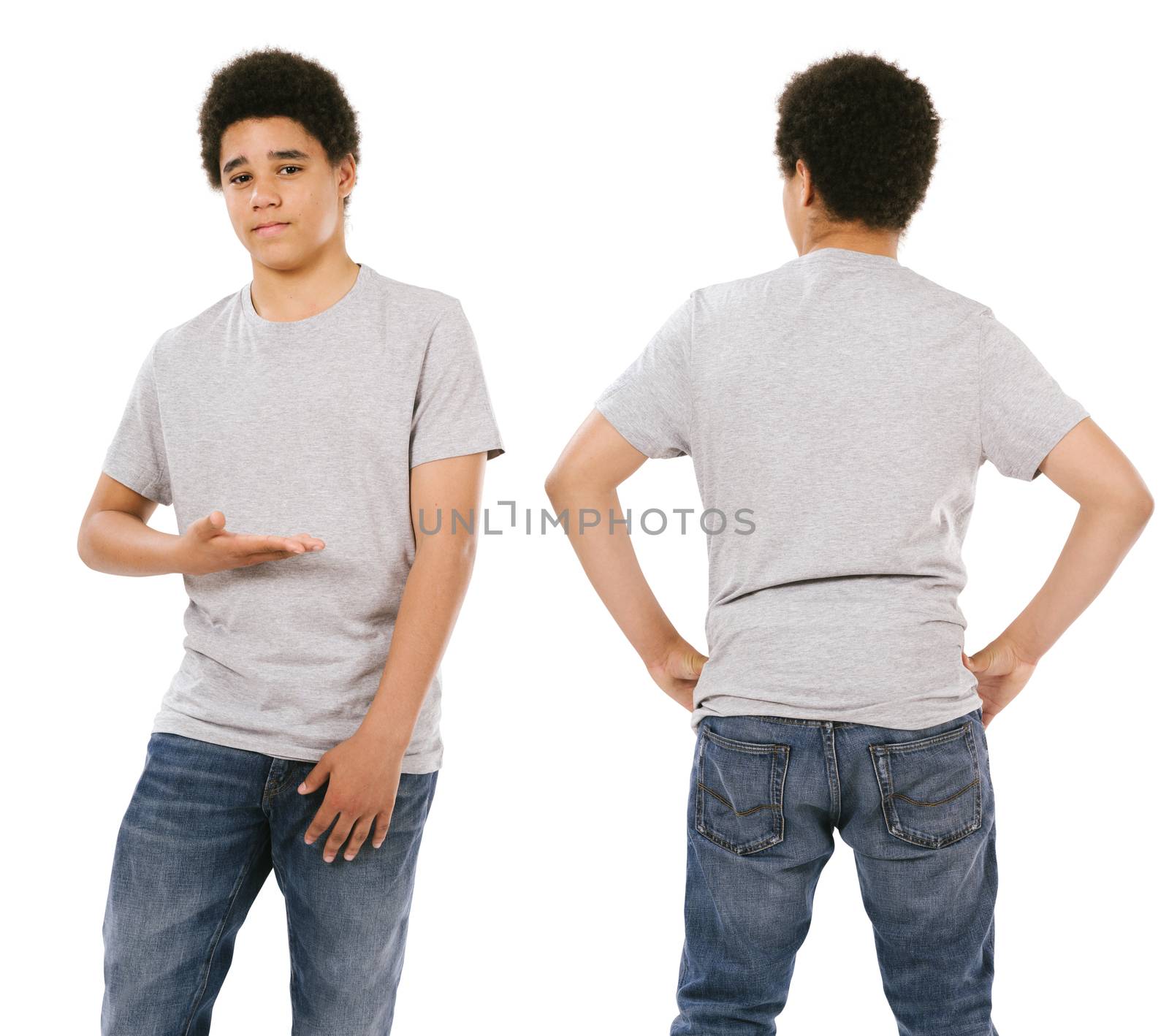 Teenage male wearing blank grey shirt by sumners