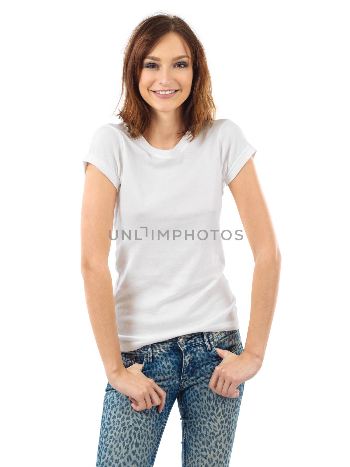 Cheerful brunette with blank white shirt by sumners