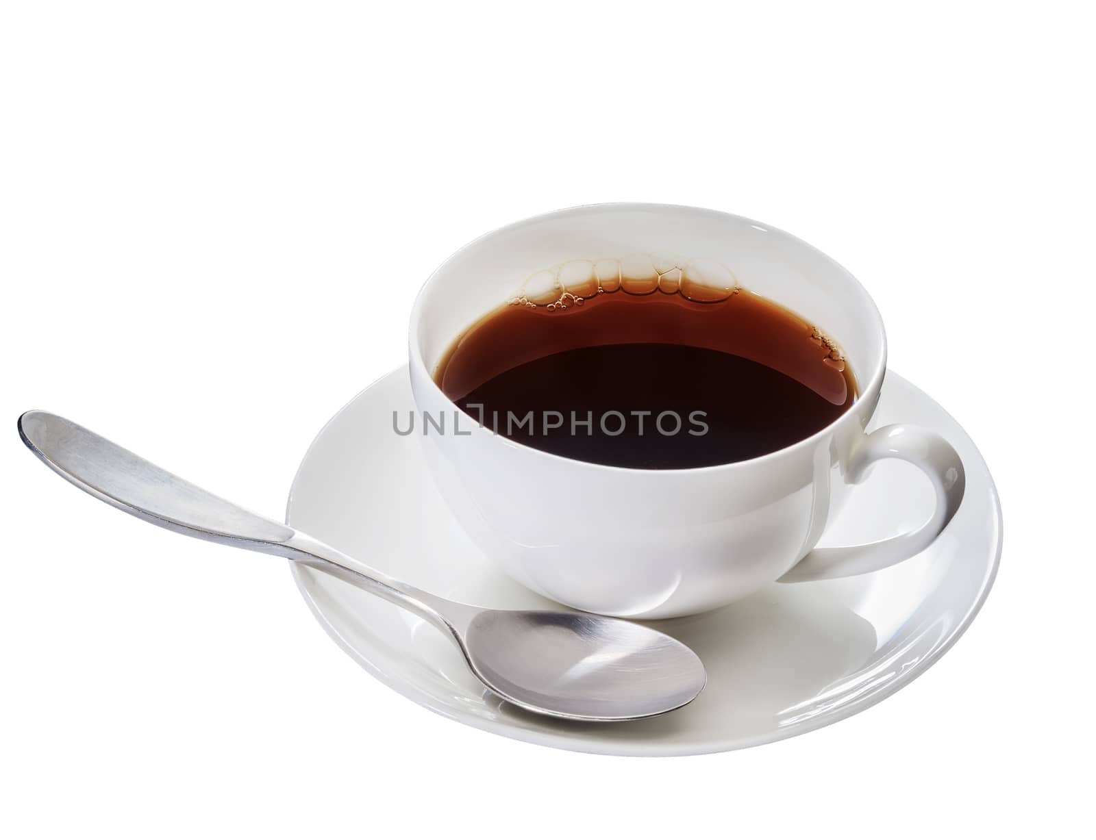Hot cup of coffee with spoon on white background, isolated