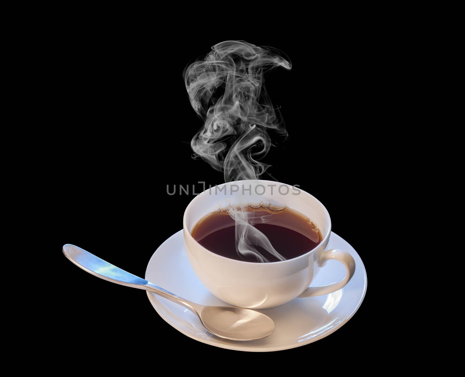 Hot cup of coffee with spoon on black background