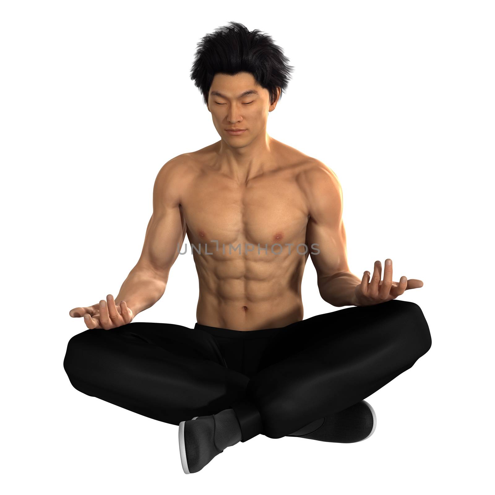 3D digital render of a young Asian man exercising yoga isolated on white background