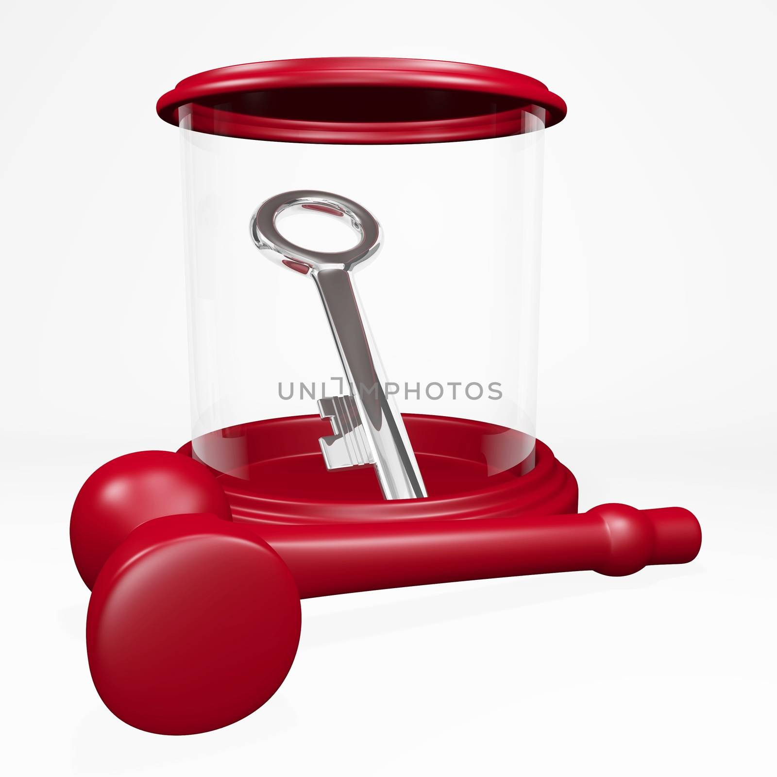 The 3D illustration shows a steel or chrome key placed in a glass display case and a plastic hammer lying along side. This will find use in real estate, conceptual business ideas, security and business solutions related concepts.

