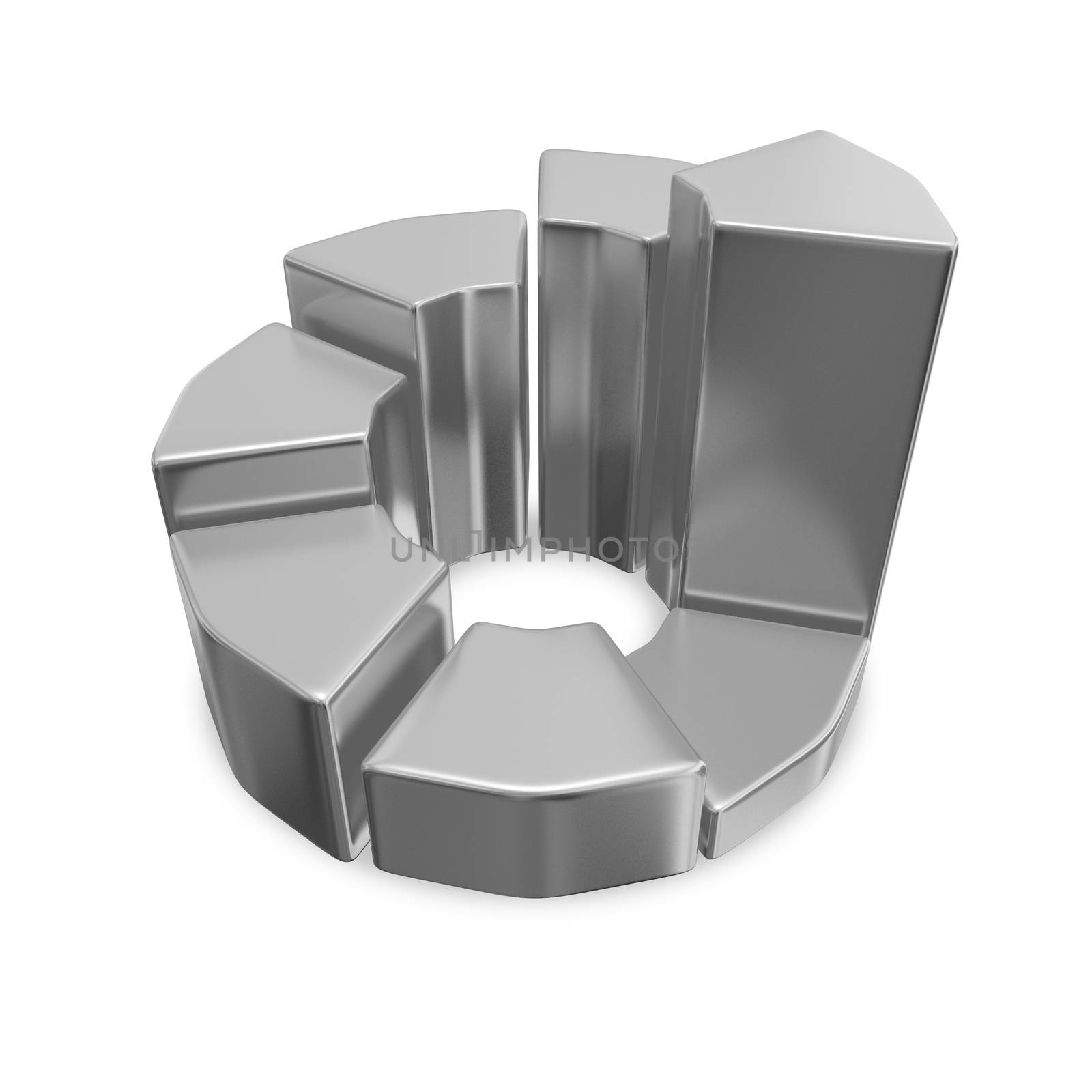This 3D illustration is of a chrome business growth pie chart. It is most suitable for business and financial presentations showing time based growth. 

