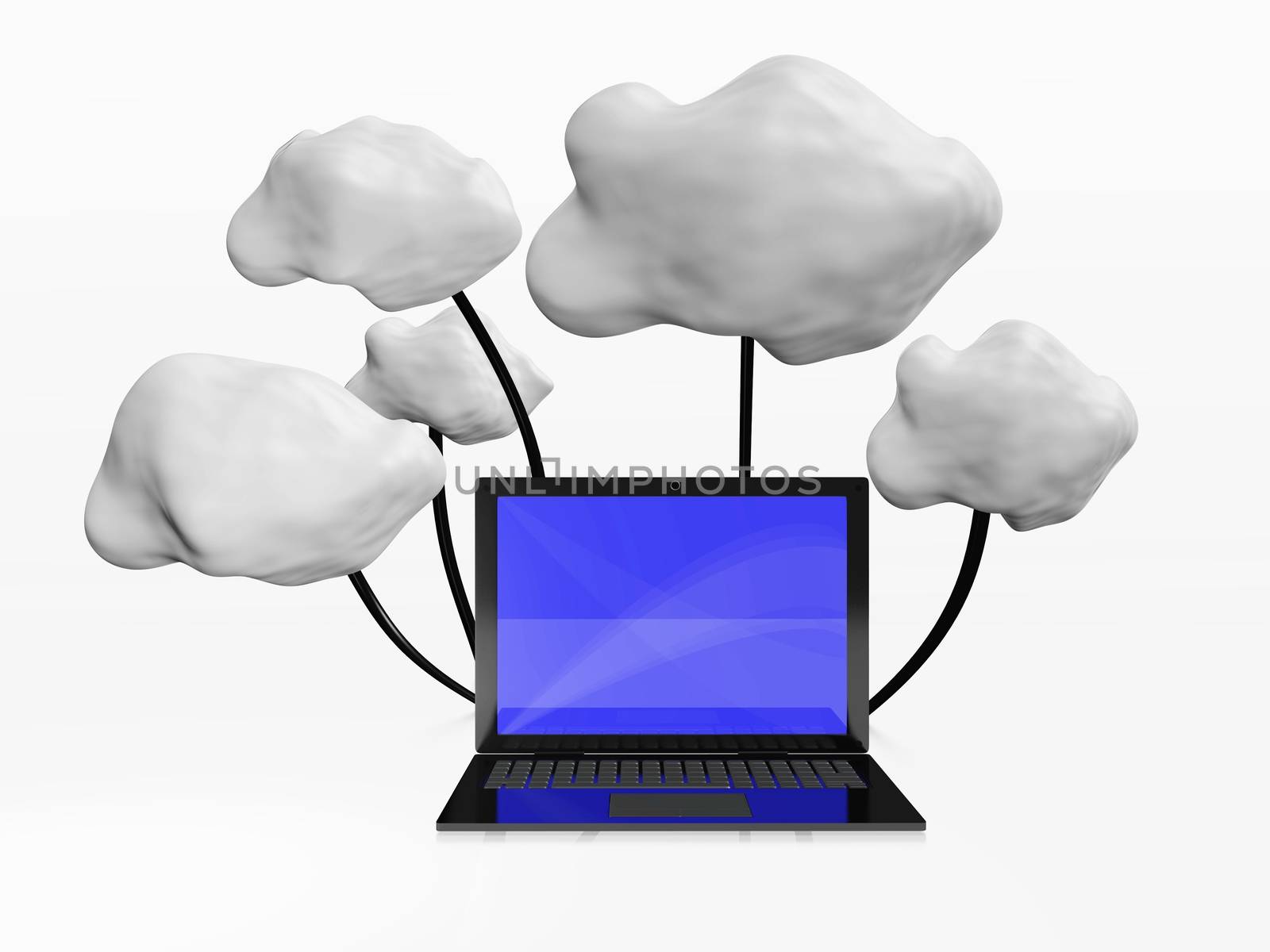 Cloud computing concept depicted with a 3D illustration of a laptop computer connected to clouds. This is suitable for cloud computing and remote database servers concepts.
