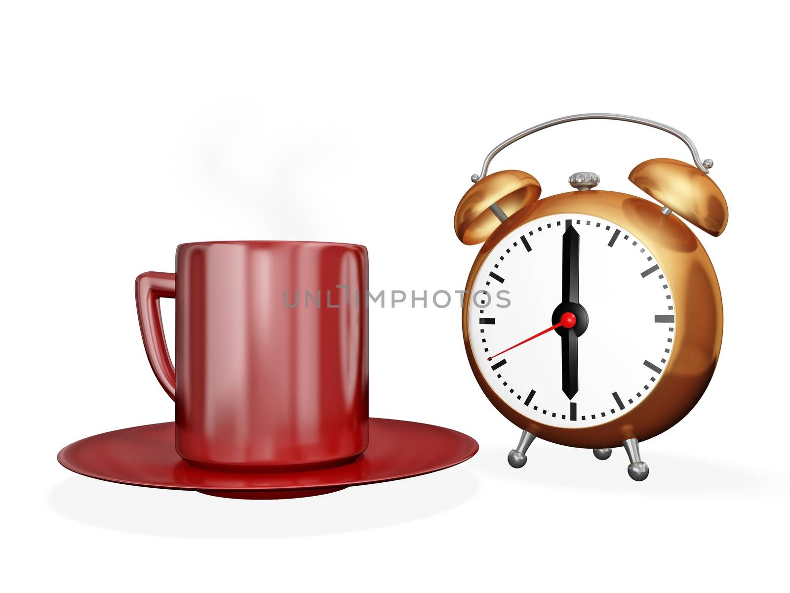 The 3D illustration show a Red cup of steaming tea or coffee placed alongside an alarm clock. The image is best suited for concepts like morning coffee, tea time or tea break. 
