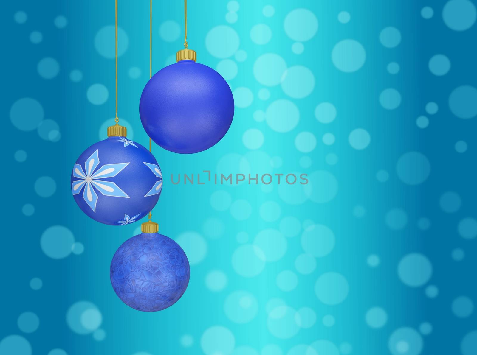 The 3D illustration contains three Christmas bauble balls in a blue color scheme hanging against an aqua colored bokeh background. This is ideal for Christmas, New Year, Festival Celebration concepts and has ample copy space to insert text. 
