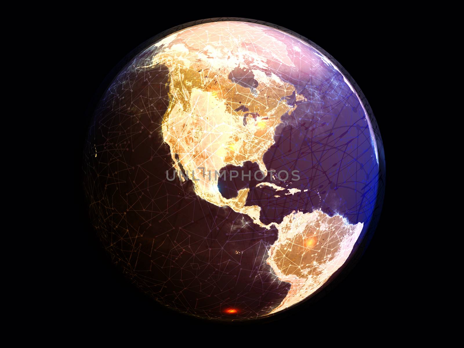 A globe showing global electronic communications and nodes. 
