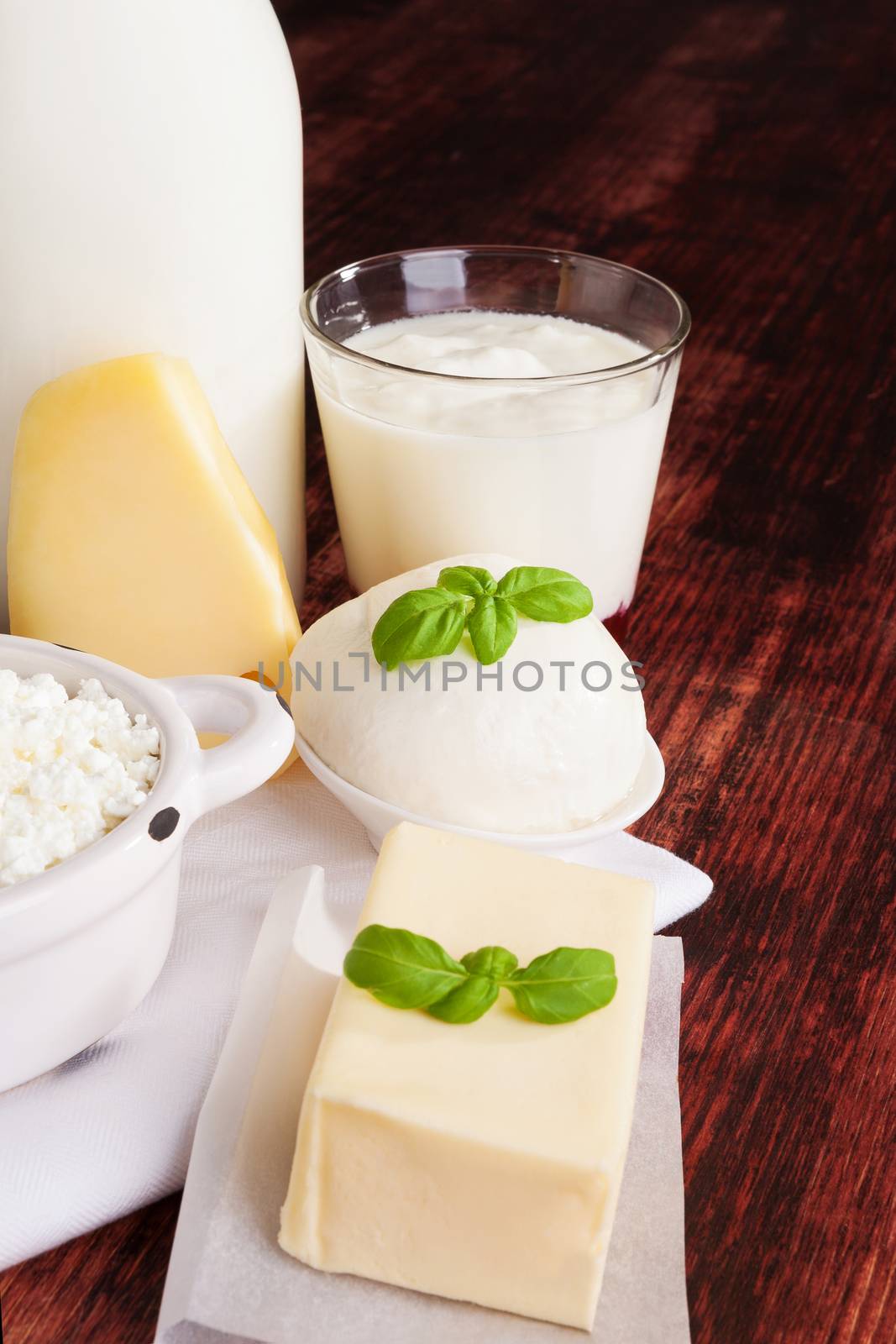 Dairy products milk, cheese, yogurt and curd on dark wooden background. Culinary healthy dairy products.