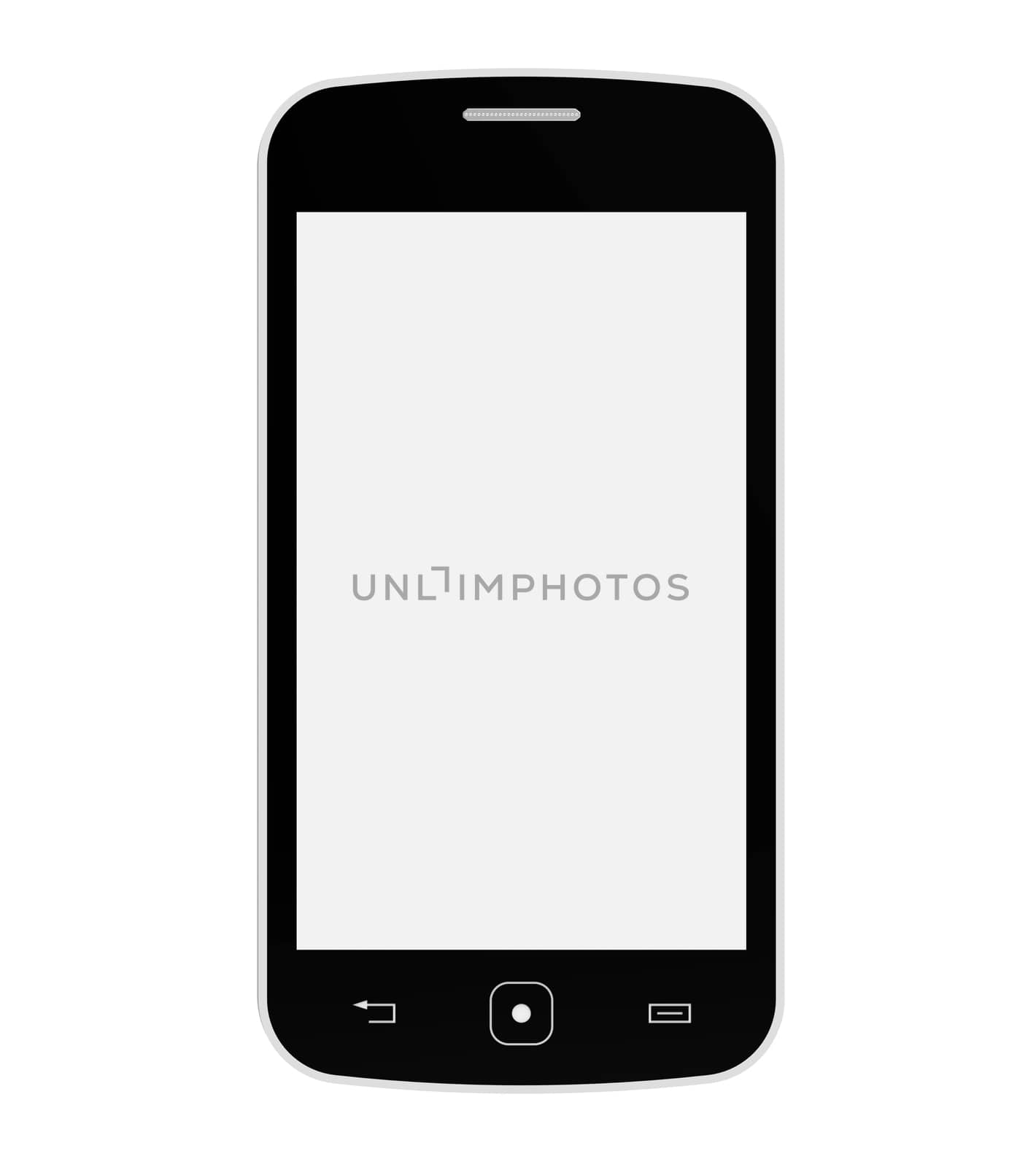 Black mobile phone with blank screen, smartphone, 3D render, isolated on white