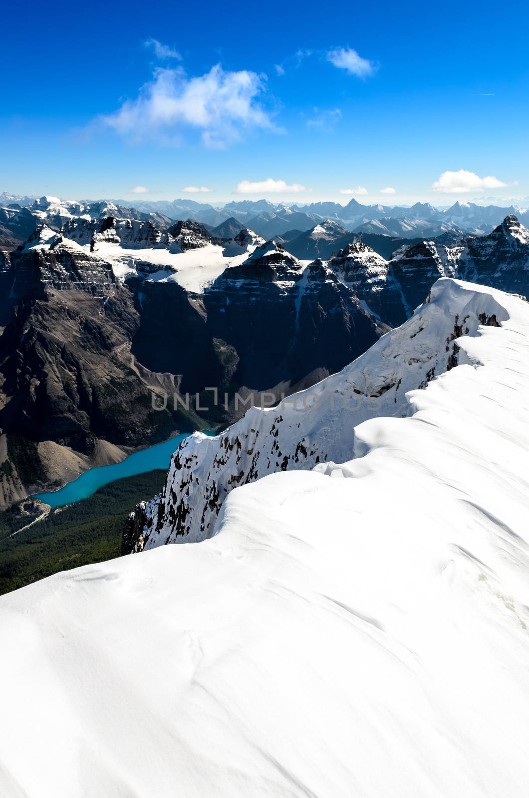 Mountain view from Mt Temple peak, Rocky Mountains, Alberta, Can by martinm303