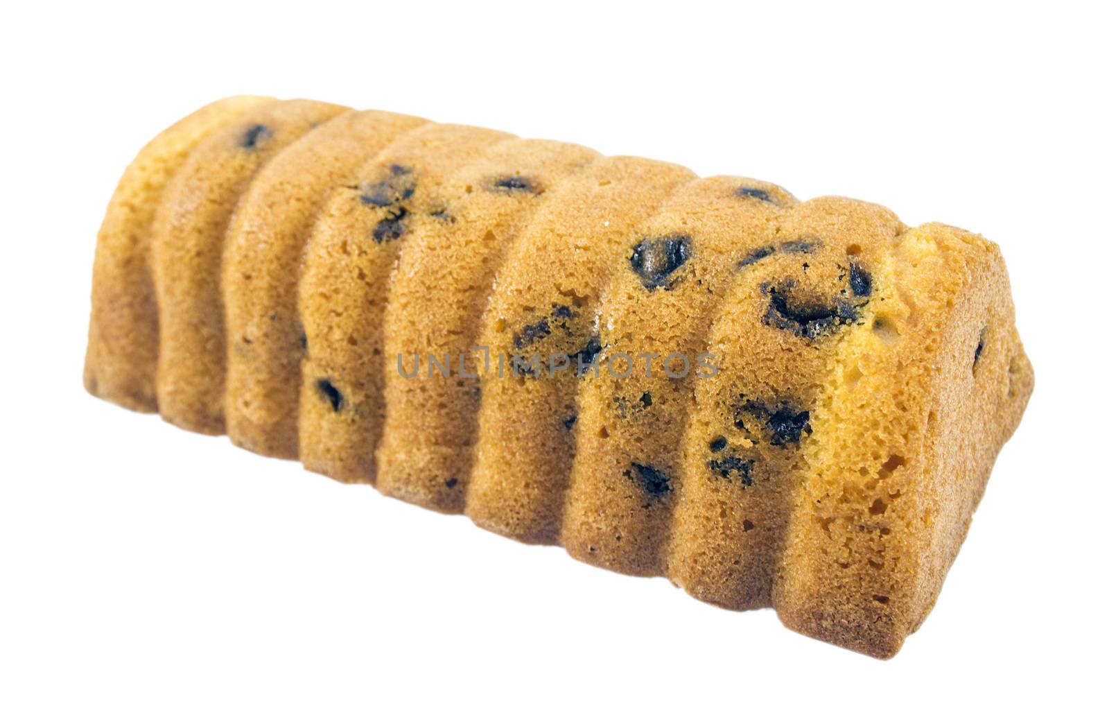 Raisin cake isolated on white background.