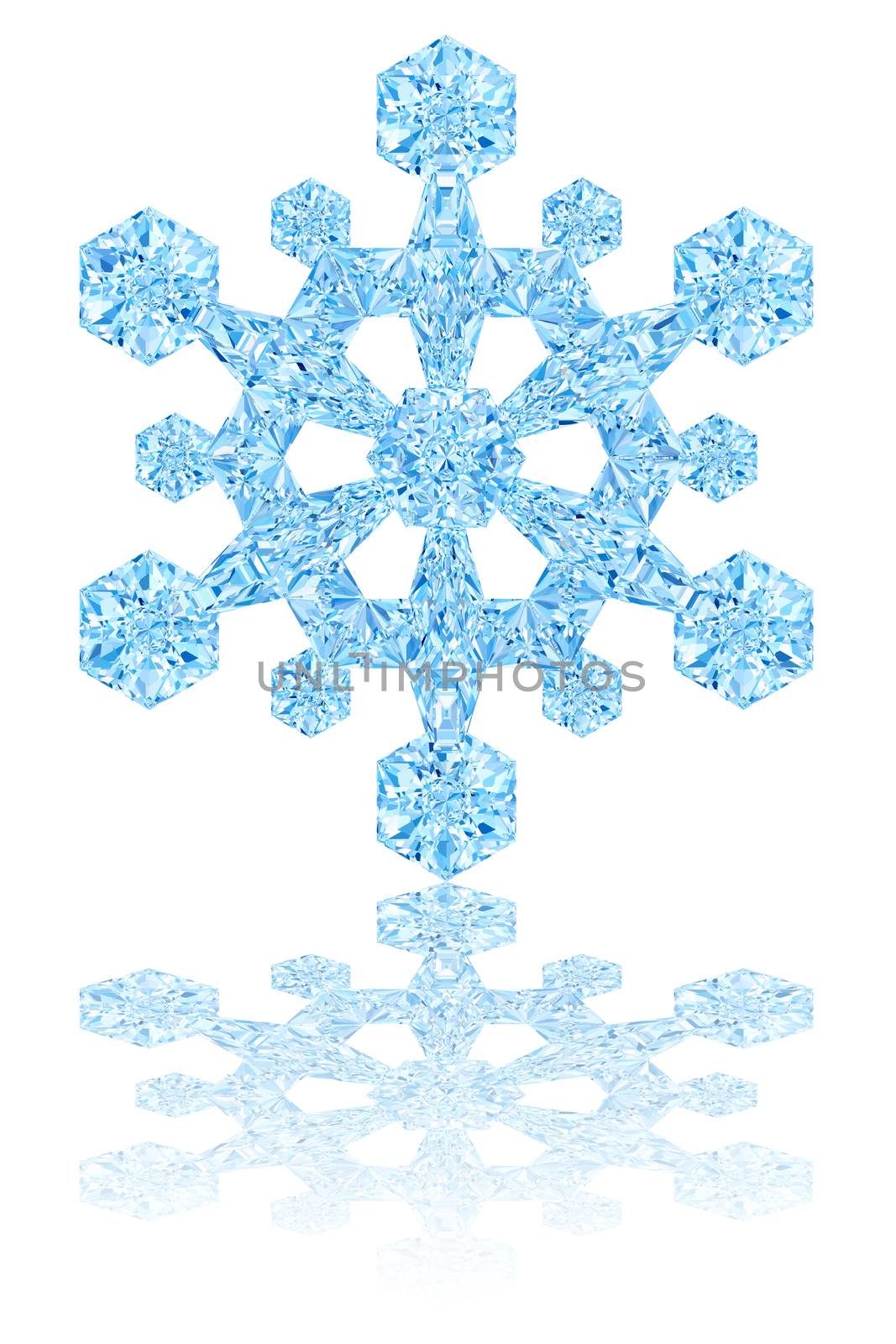 Light blue crystal snowflake on glossy white background by oneo