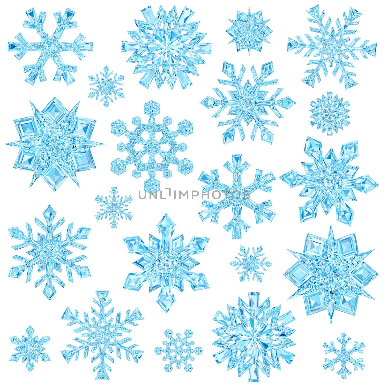 Set of light blue crystal snowflakes isolated on white background. High resolution 3D image